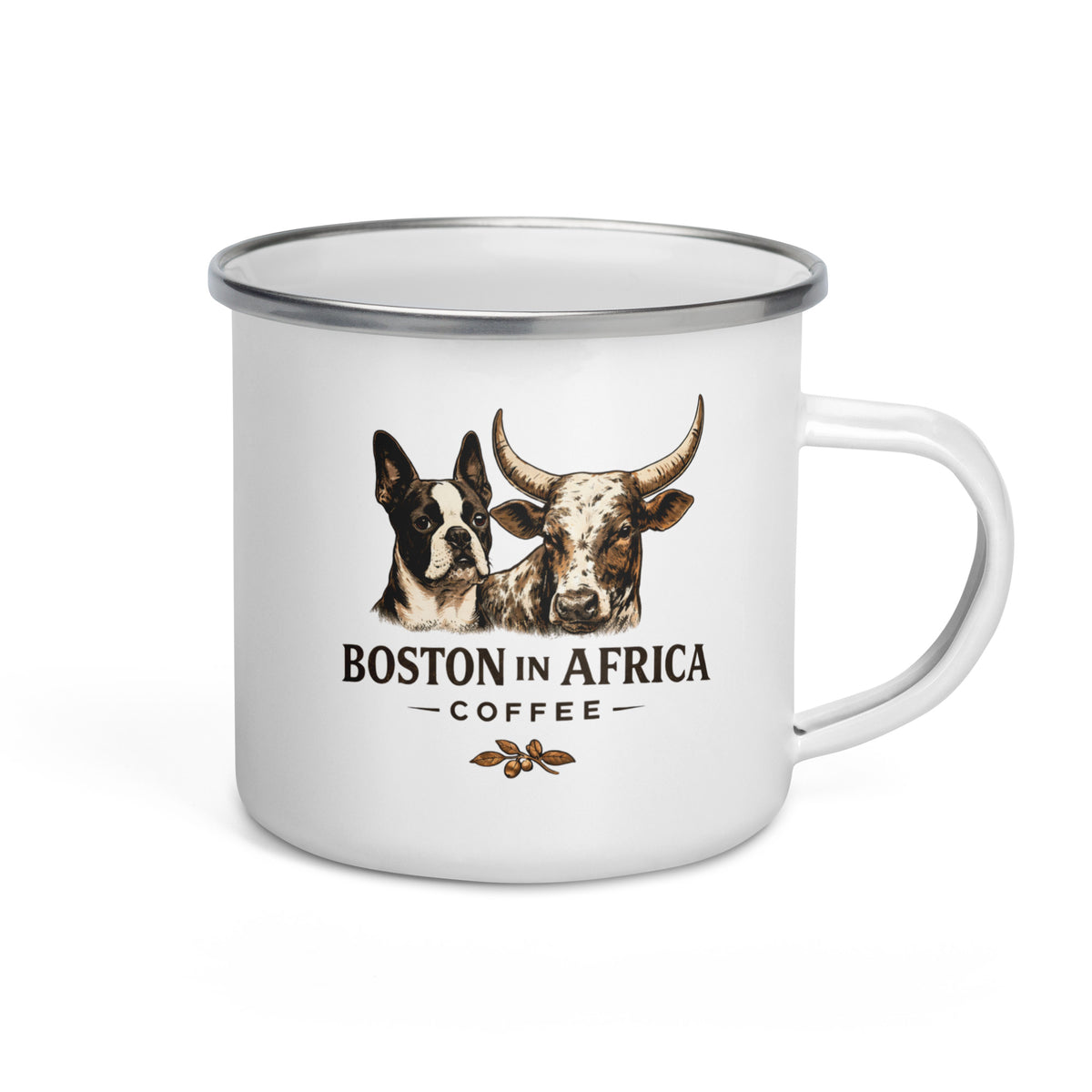 White 12 oz enamel mug with a black rim, featuring Boston in Africa Coffee branding.