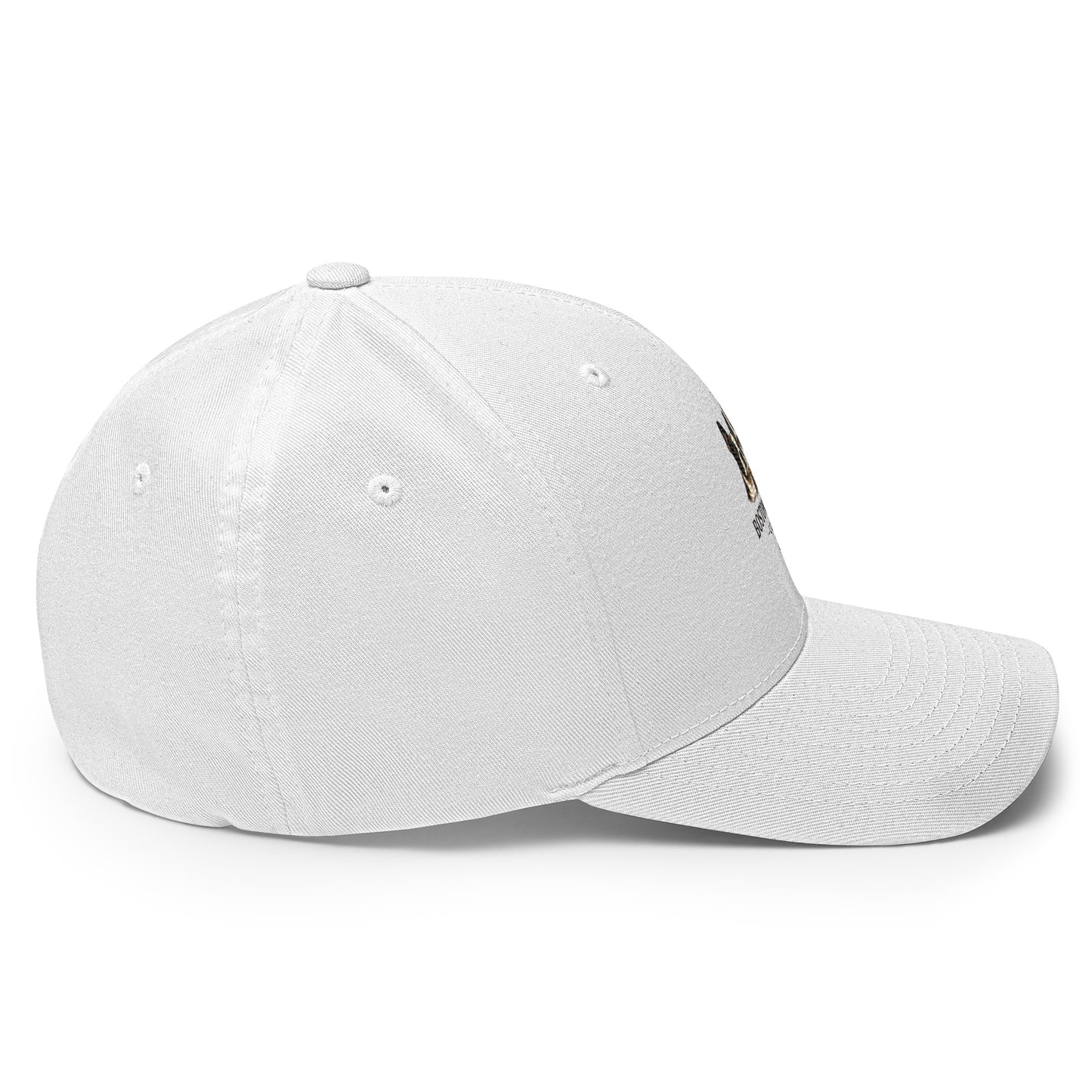 White Boston in Africa Coffee structured twill cap with embroidery, shown from the right side with a closed back.