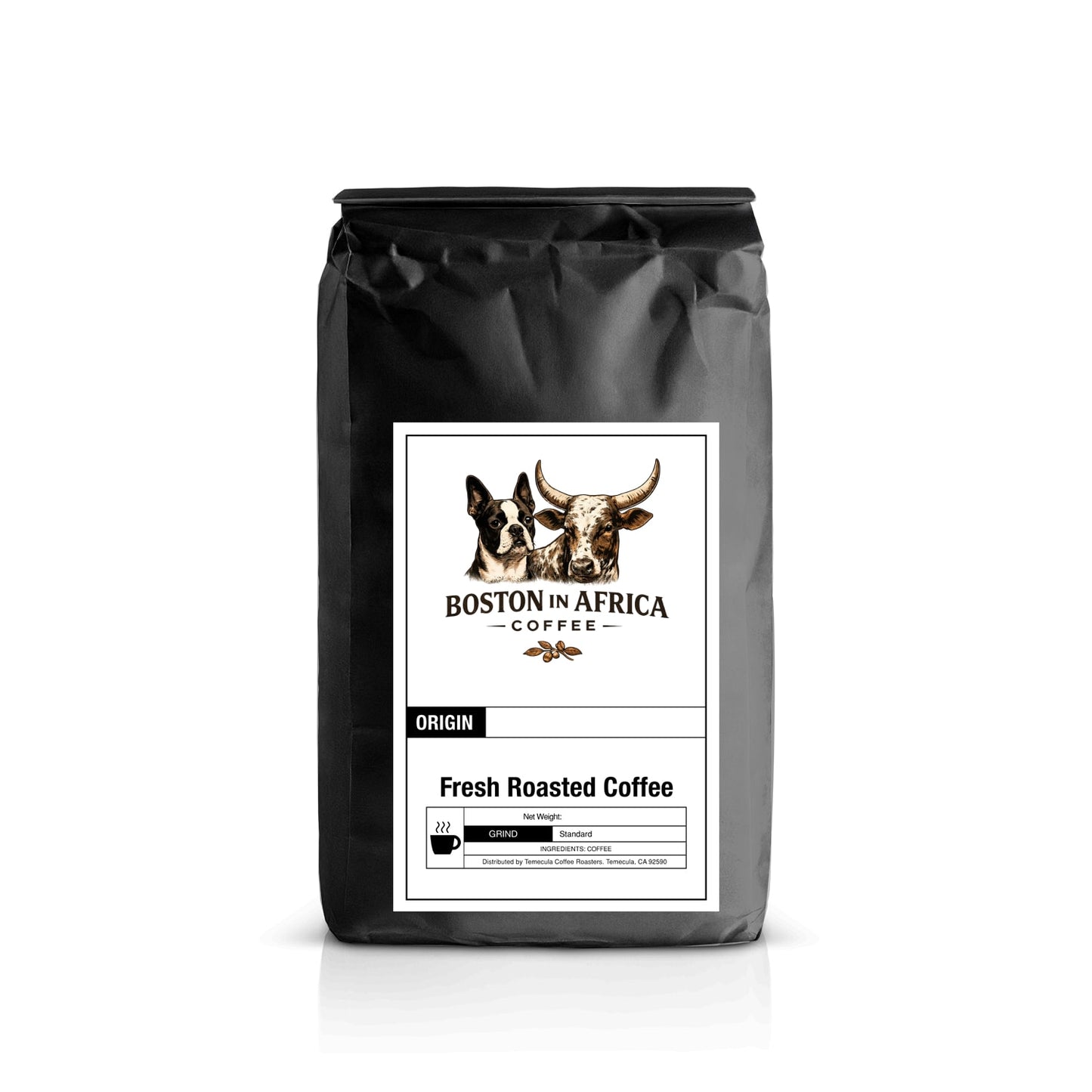Label of Boston in Africa Coffee Dubai Chocolate, featuring branding and product details on the packaging.