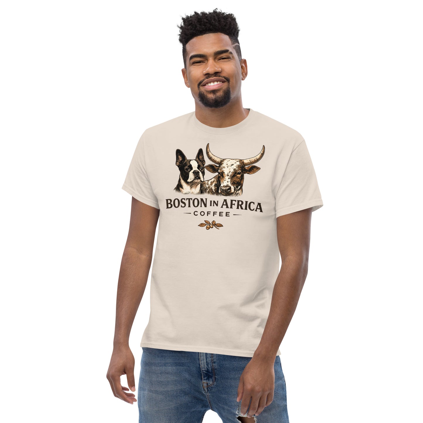Unisex Classic Tee from Boston in Africa Coffee, natural color, front view showing simple crew neck and classic fit.