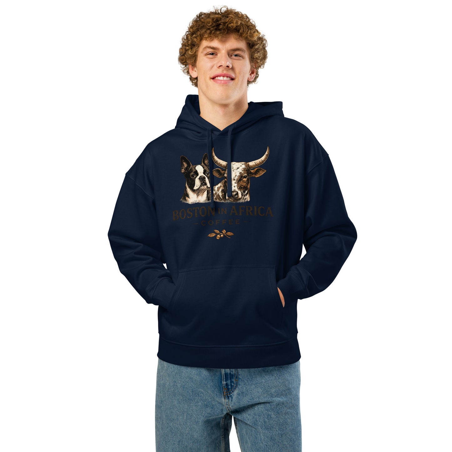 Unisex organic relaxed hoodie in French navy color from Boston in Africa Coffee, with front view showing soft fabric and casual fit.