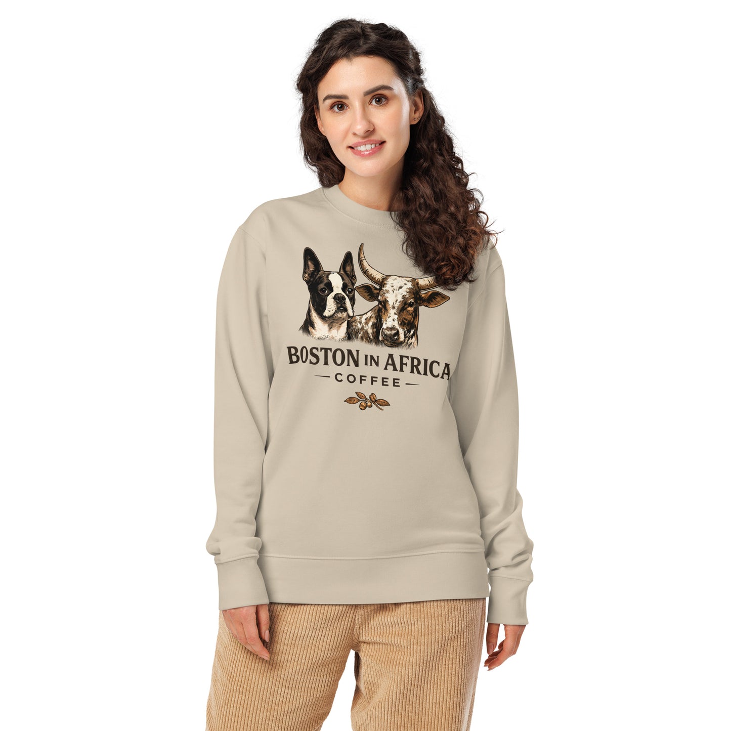 Unisex organic sweatshirt with desert dust color, featuring Boston in Africa Coffee branding on the front.