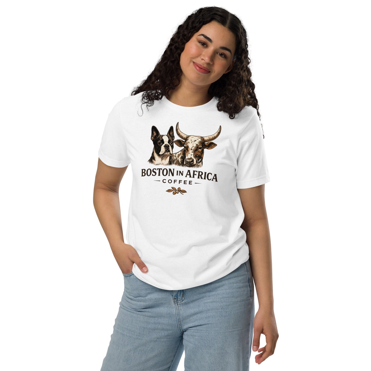 White unisex Staple Eco T-shirt by Boston in Africa Coffee, front view showing simple design and comfortable fit.