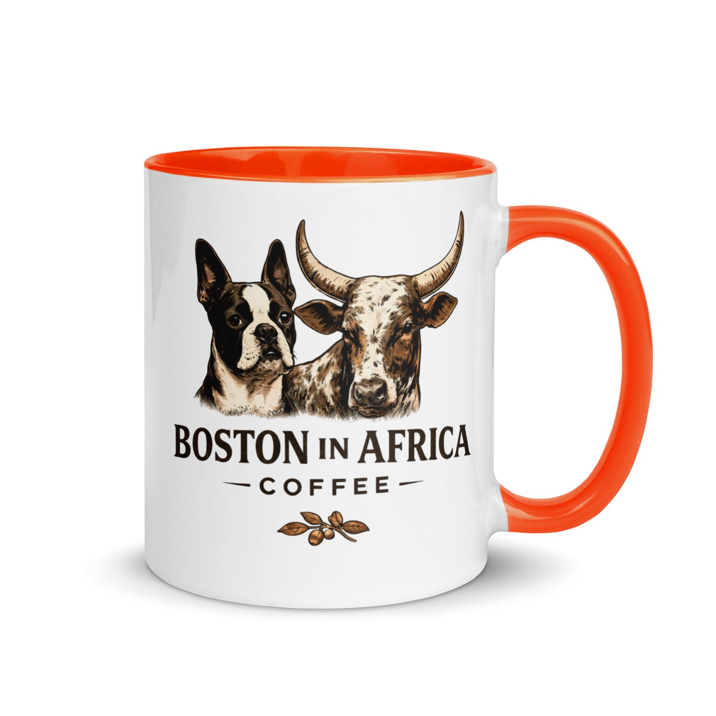 White ceramic mug with orange interior, 11 oz, from Boston in Africa Coffee, shown from the right side.