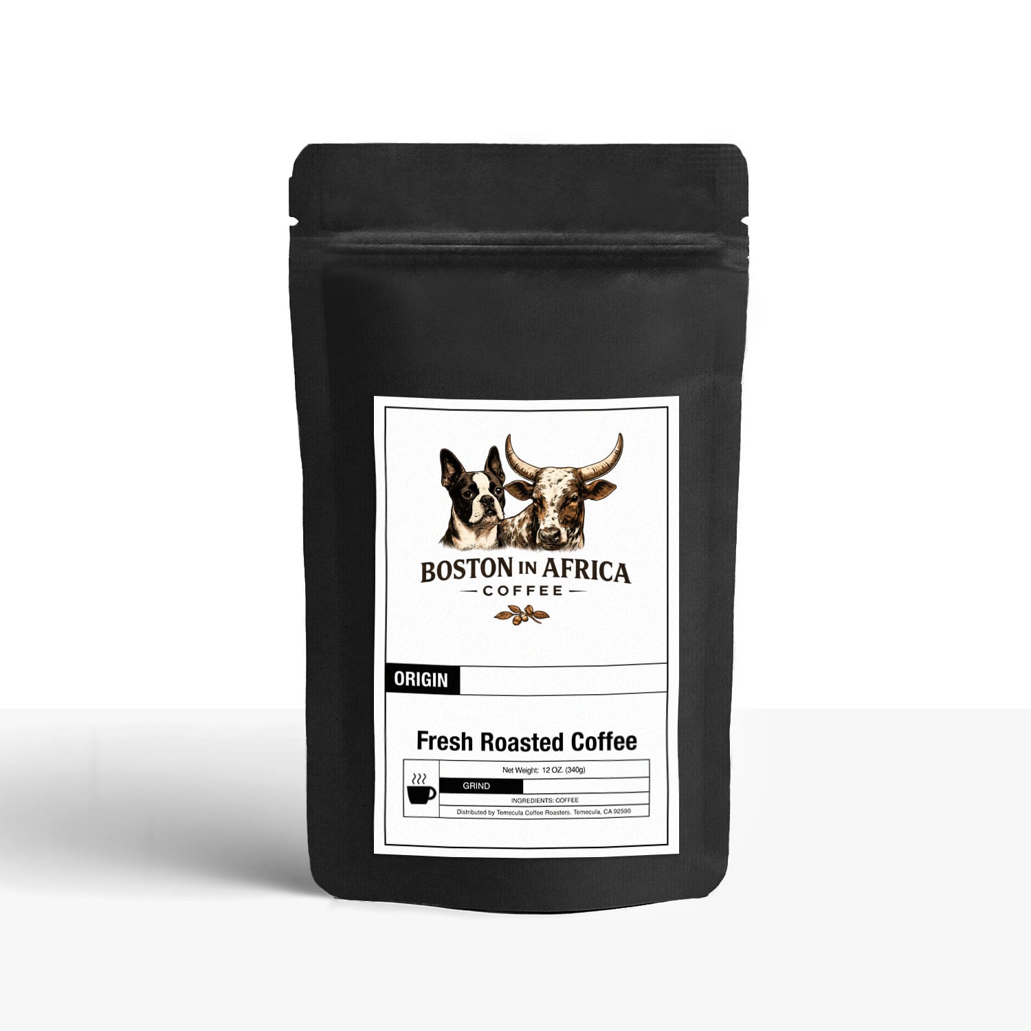 Coffee bag featuring Boston in Africa Coffee Asian Plateau Blend label with 12oz size and distinctive branding.