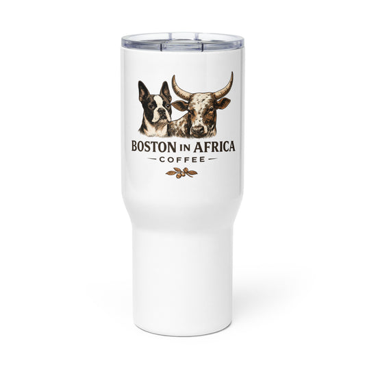 White 25 oz stainless steel travel mug with a handle, featuring Boston in Africa Coffee branding on the front.