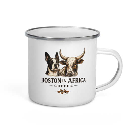 White 12 oz enamel mug with a black rim, featuring Boston in Africa Coffee branding.