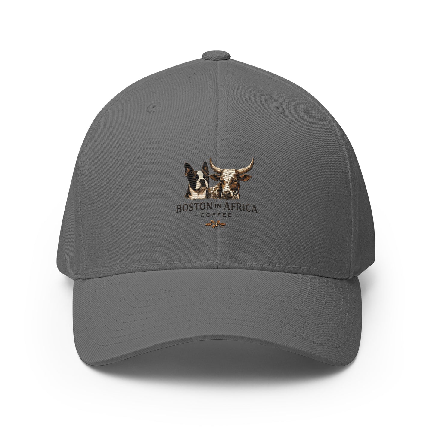 Grey structured twill cap with embroidery from Boston in Africa Coffee, featuring a closed-back design and front view.