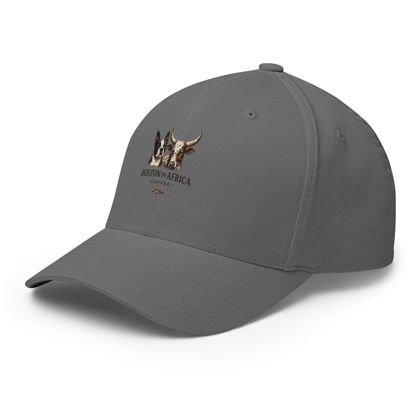 Grey structured twill cap with embroidery detail, featuring a closed-back design and Boston in Africa Coffee branding.