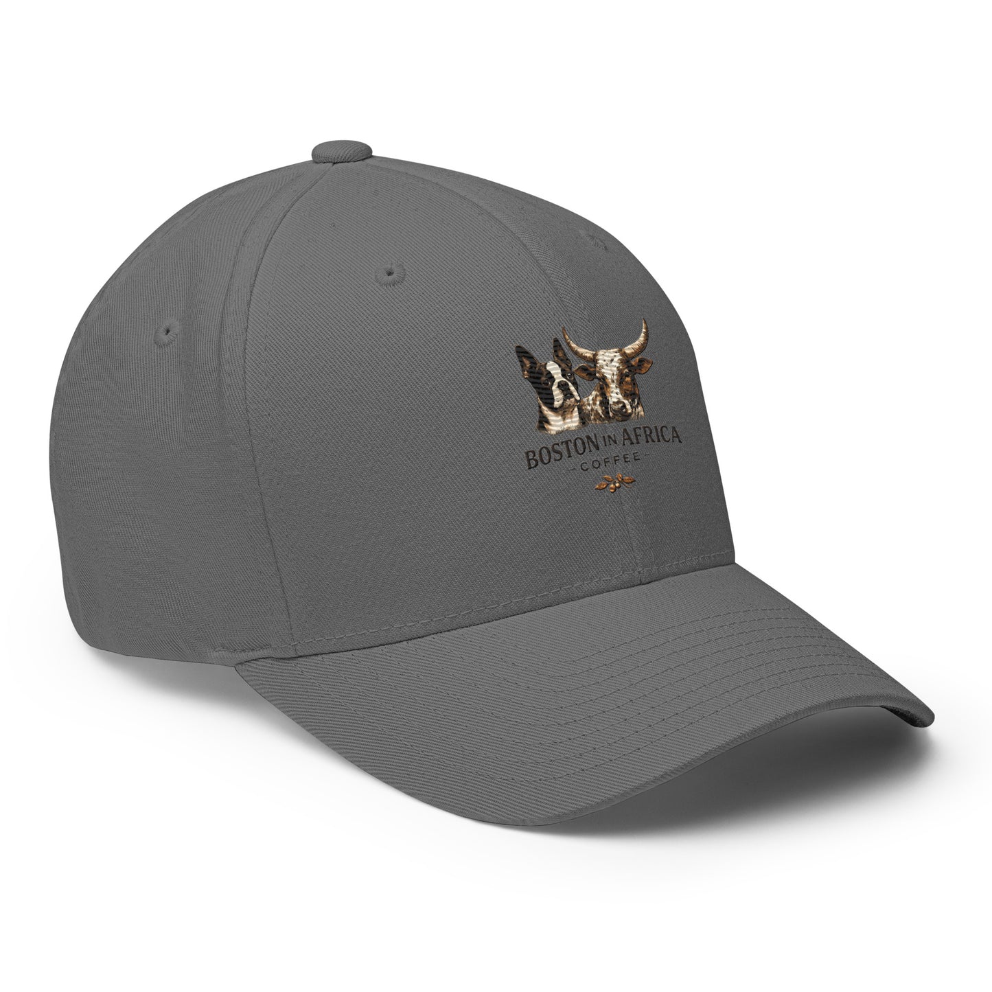 Grey Boston in Africa Coffee structured twill cap with embroidery, showing the closed-back design from the right front angle.