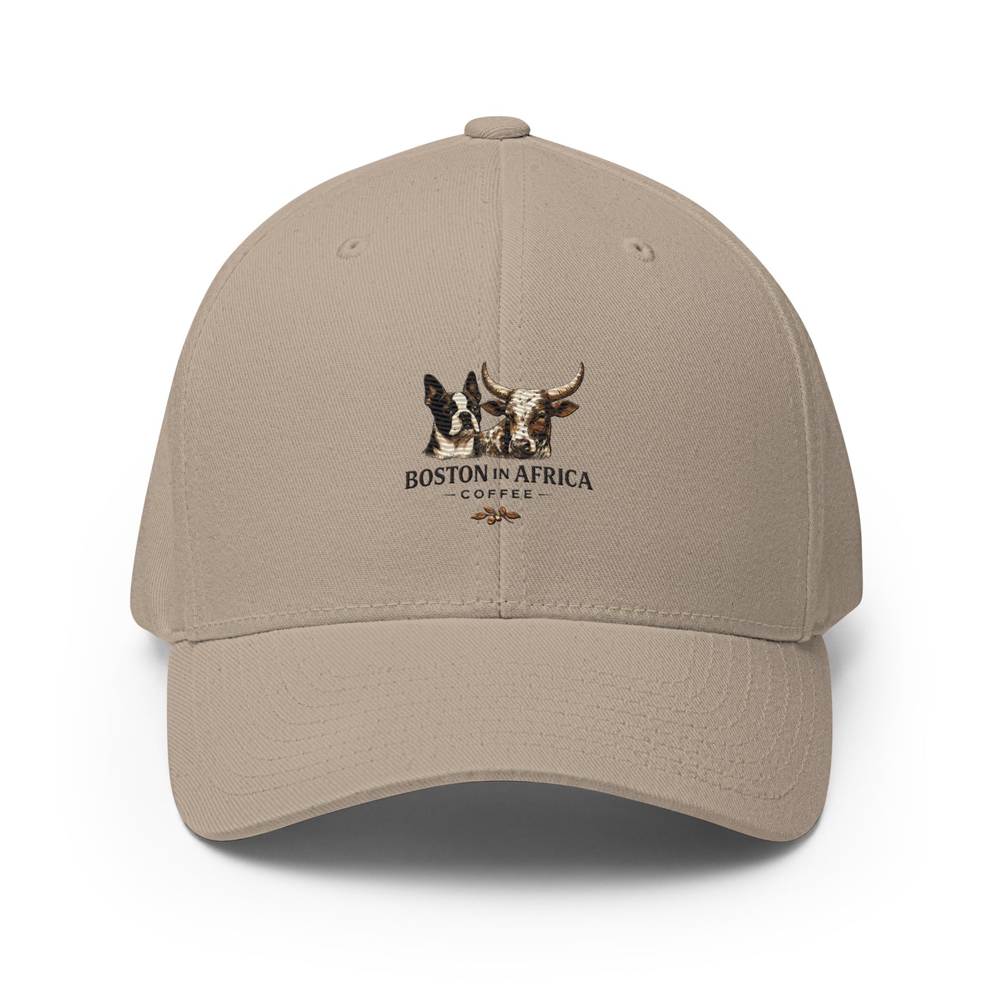 Khaki structured twill cap with embroidery, closed-back design, branded by Boston in Africa Coffee.