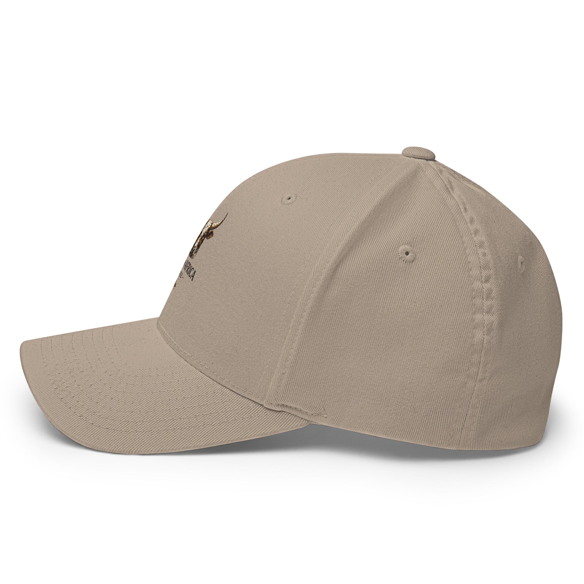 Khaki structured twill cap with embroidery, featuring a closed back and Boston in Africa Coffee branding.