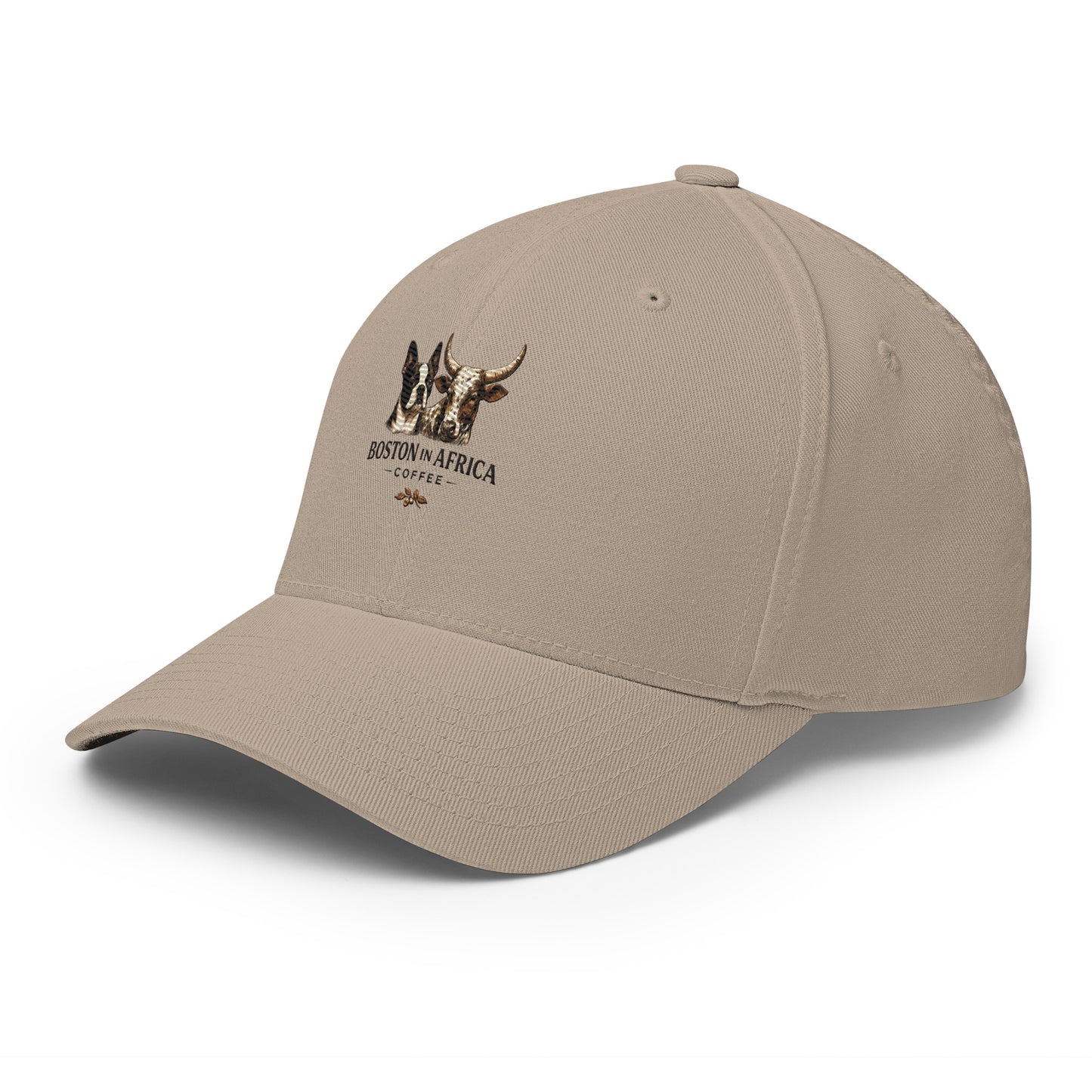 Khaki structured twill cap with embroidery detail, featuring a closed-back design and left-front view by Boston in Africa Coffee.