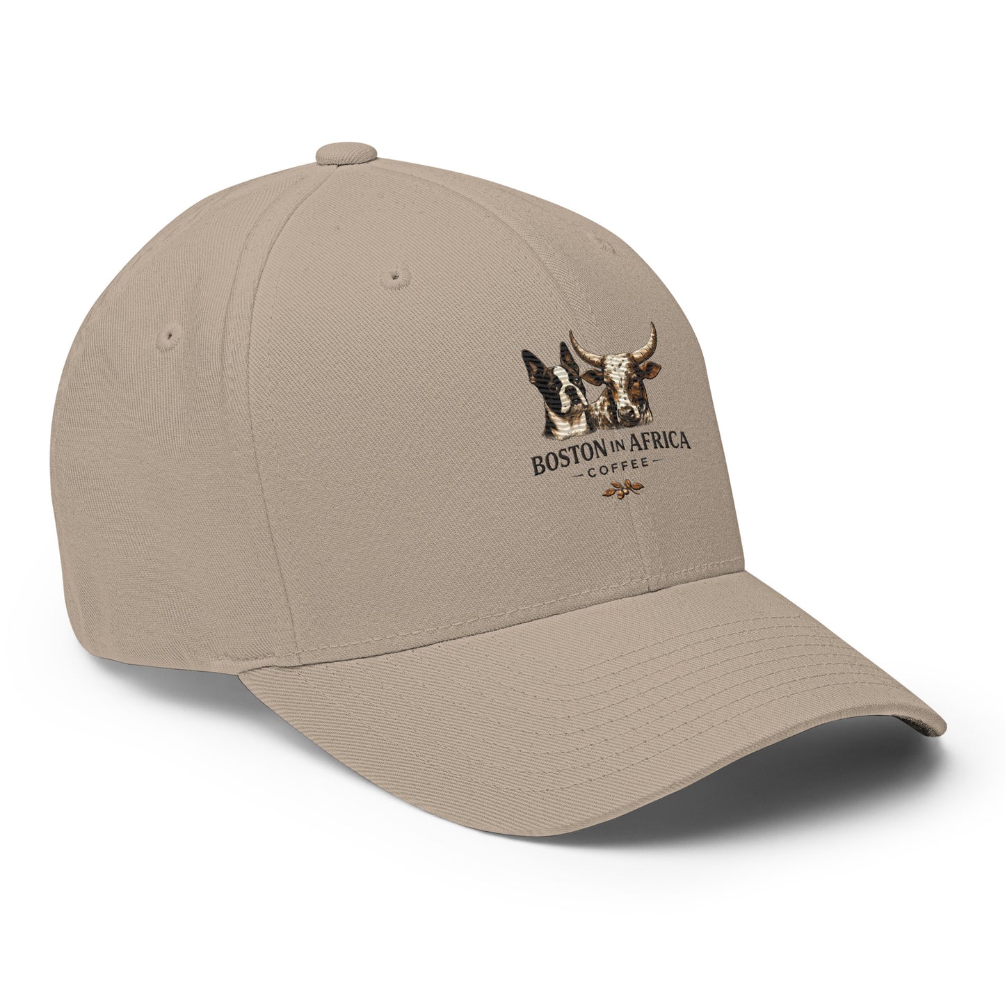 Khaki structured twill cap with embroidery, featuring a closed-back design from Boston in Africa Coffee.