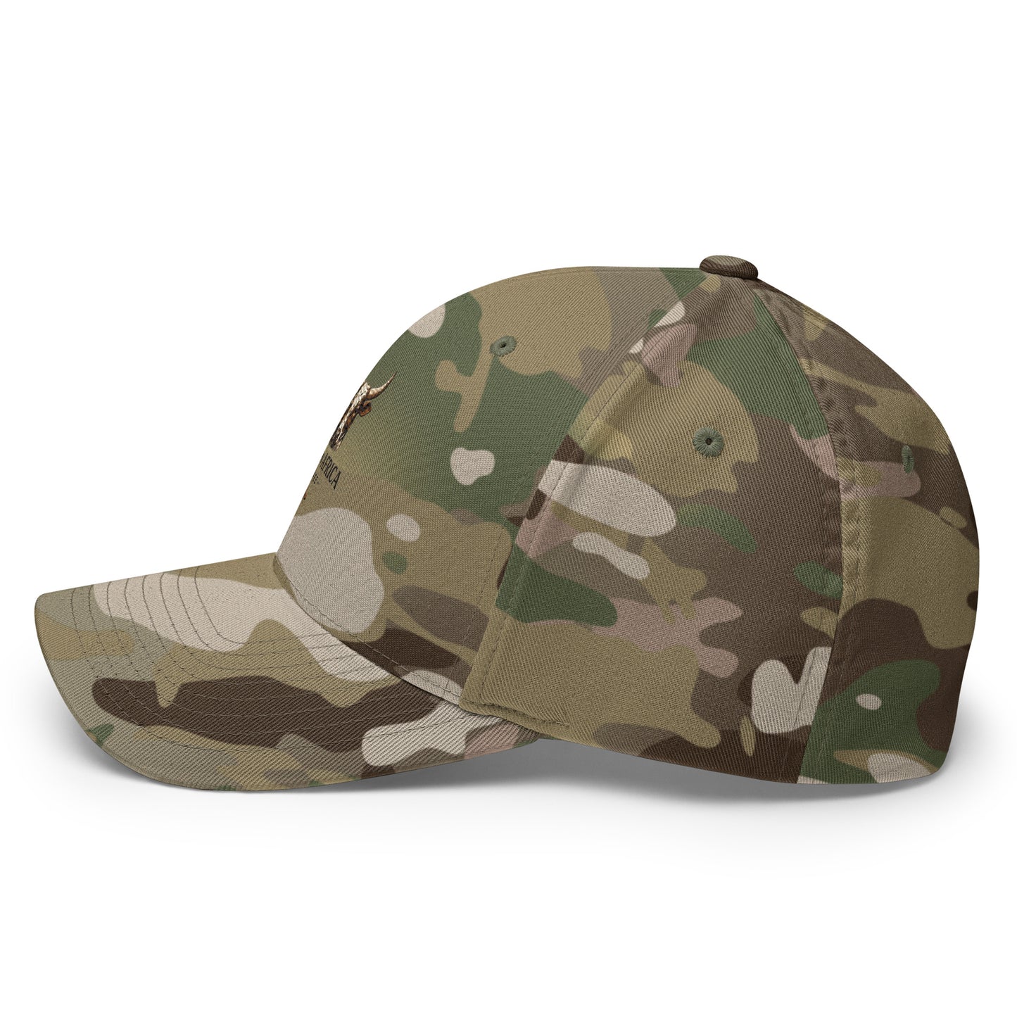 Embroidery Boston in Africa Coffee structured twill cap with closed back in multicam green, showing front view with embroidered logo.