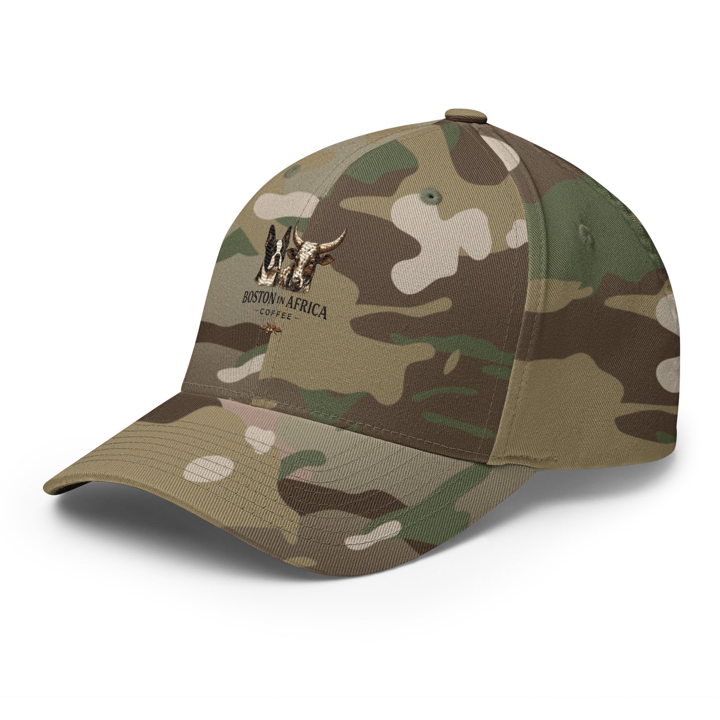 Green multicam structured twill cap with embroidery, featuring a closed back and Boston in Africa Coffee branding.
