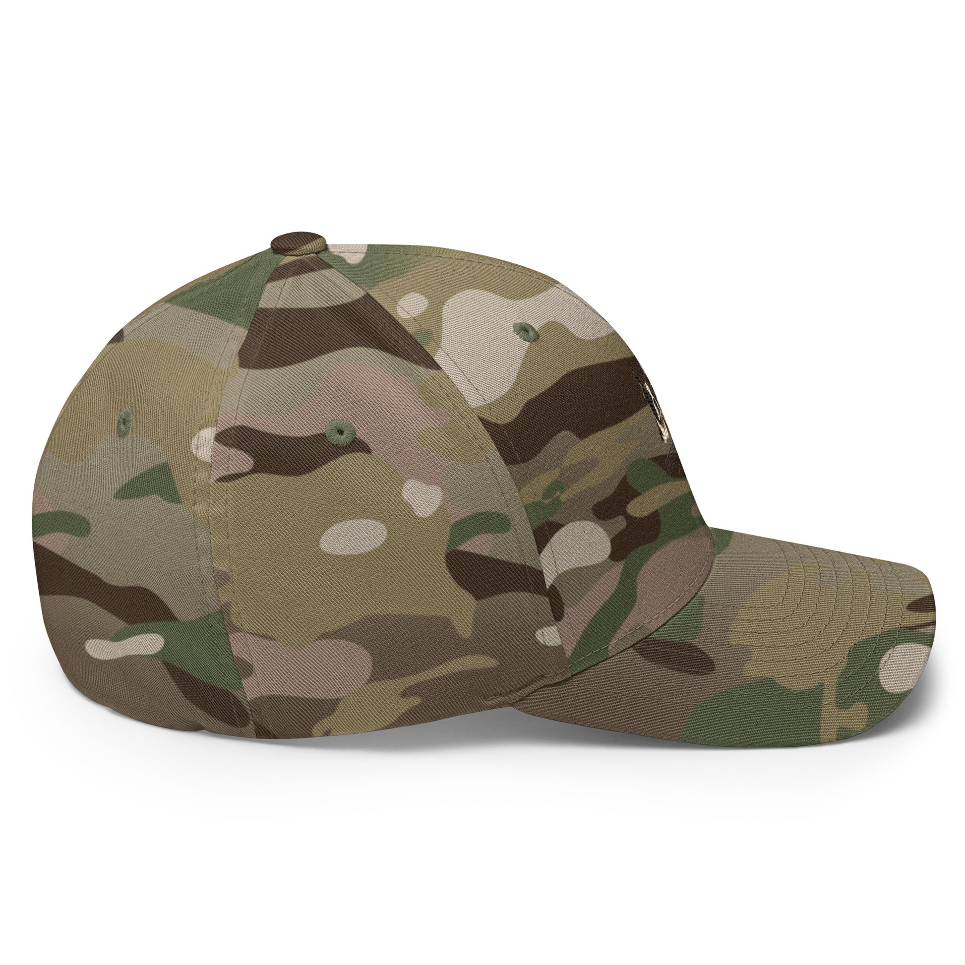Green structured twill cap with embroidery, closed-back design, featuring a multicam pattern and Boston in Africa Coffee branding.