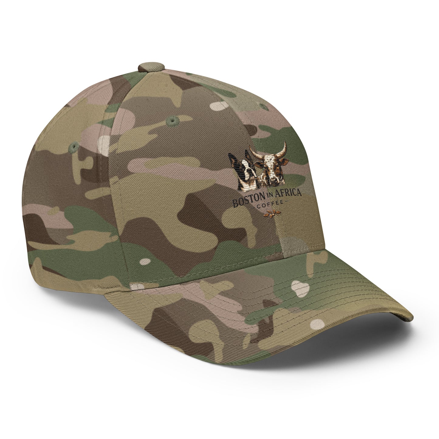 Green multicam structured twill cap with embroidery, closed-back design, featuring a right-front view from Boston in Africa Coffee.