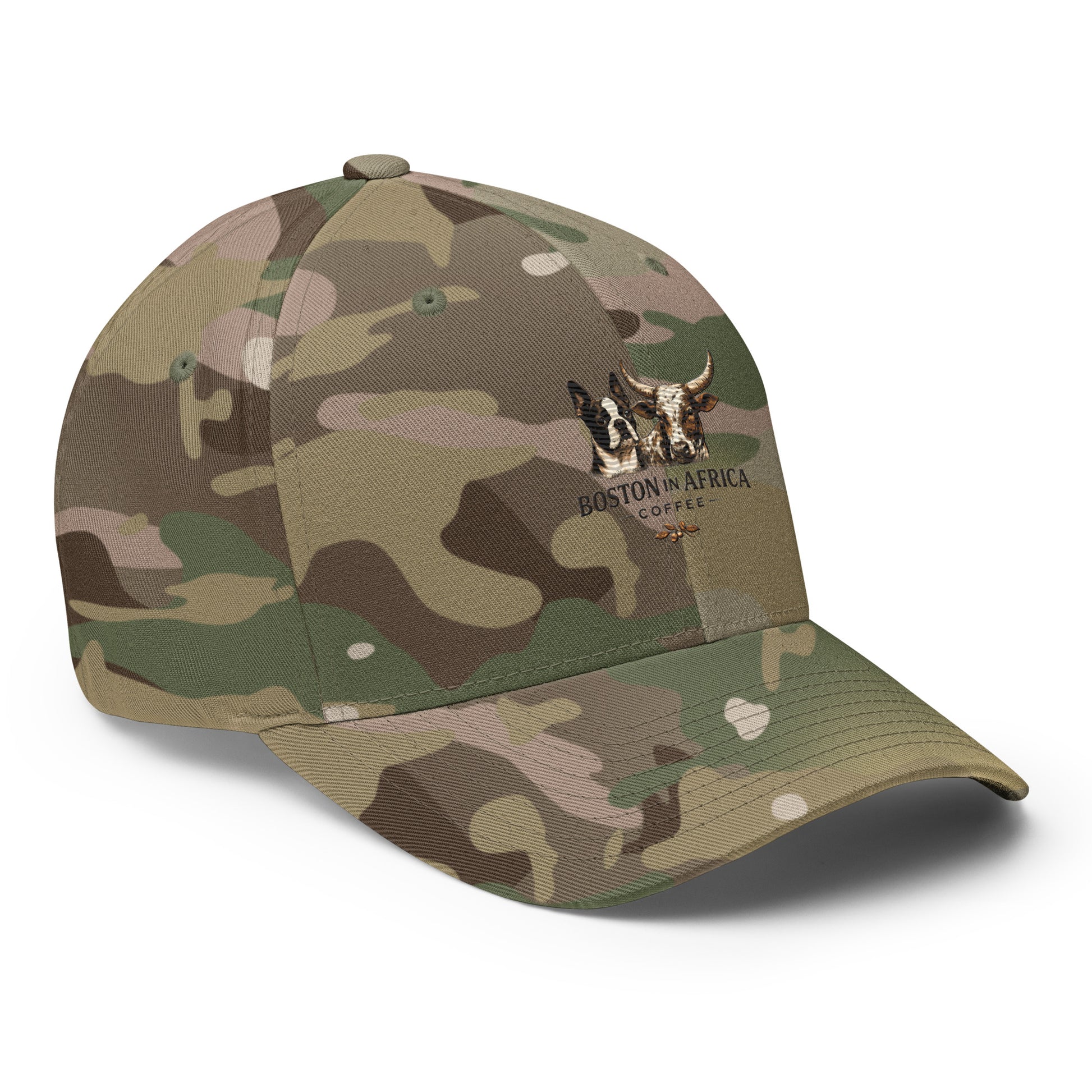 Green multicam structured twill cap with embroidery, closed-back design, featuring a right-front view from Boston in Africa Coffee.