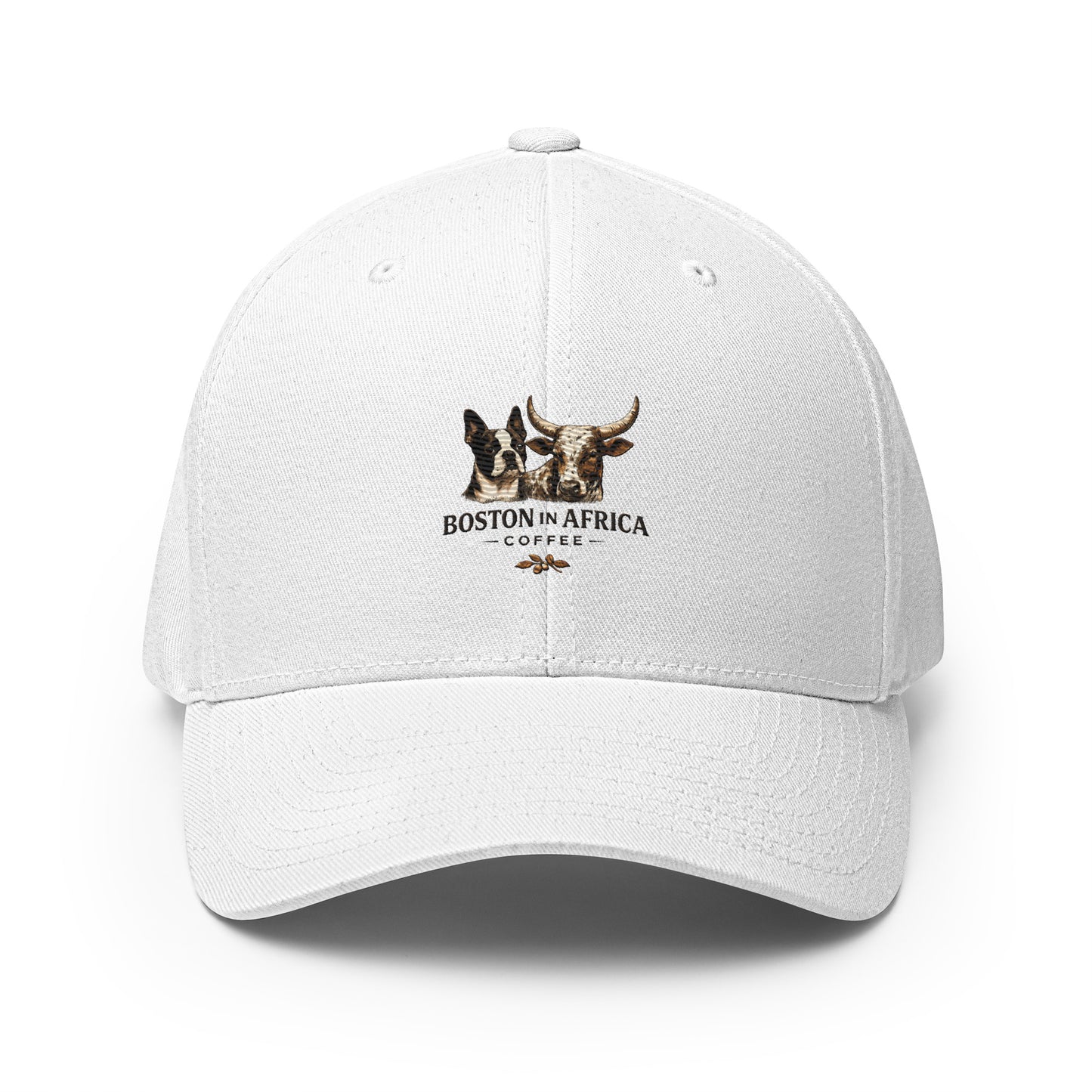 White structured twill cap with embroidery logo from Boston in Africa Coffee, featuring a closed-back design.