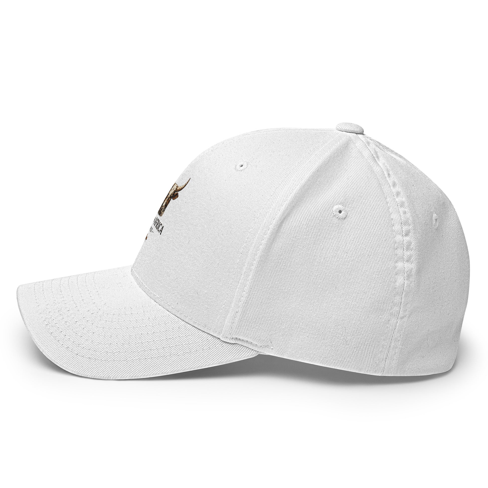 White structured twill cap with embroidery detail, featuring a closed back and Boston in Africa Coffee branding.