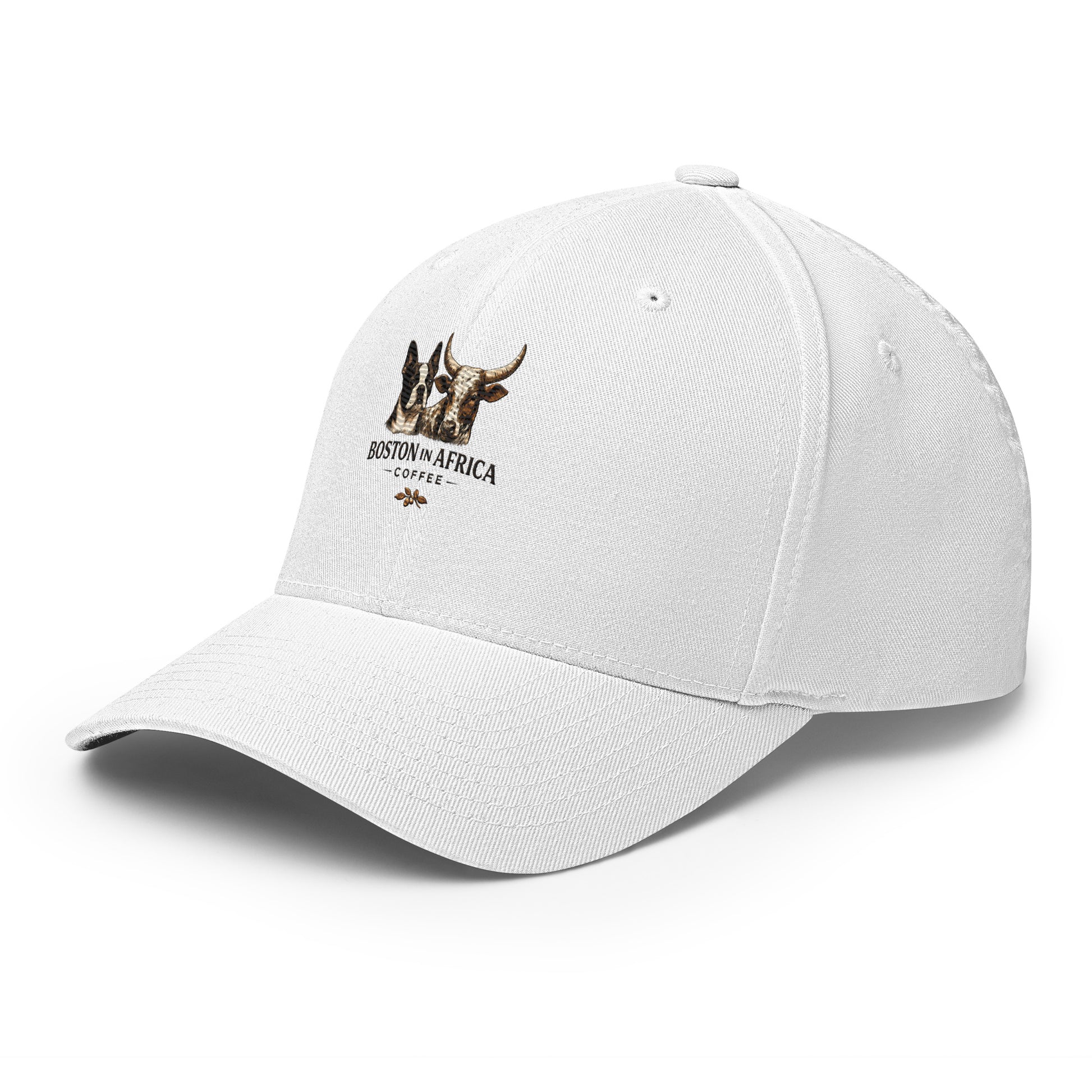 White Boston in Africa Coffee structured twill cap with embroidered design, showing front and side view with closed back.