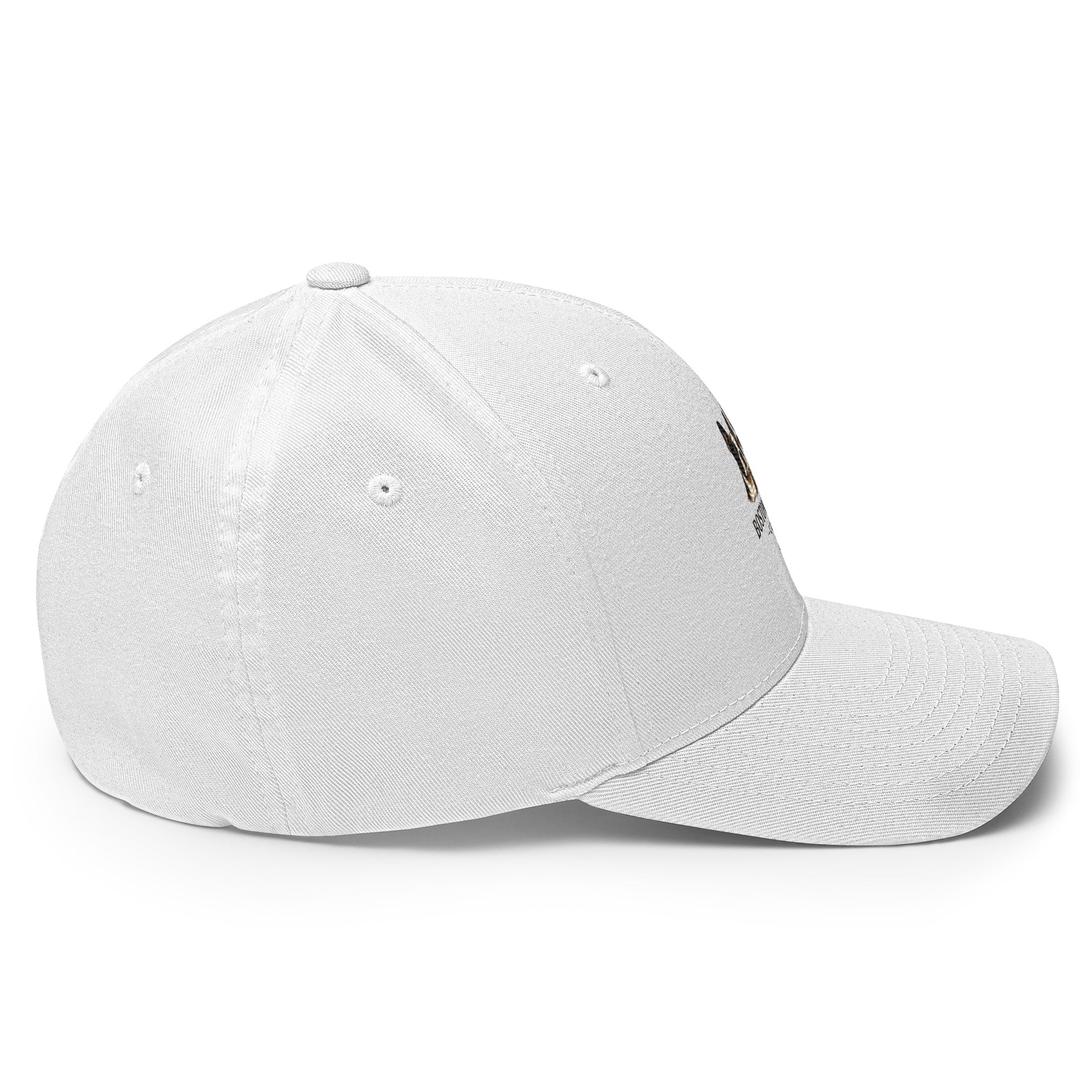 White Boston in Africa Coffee structured twill cap with embroidery, shown from the right side with a closed back.