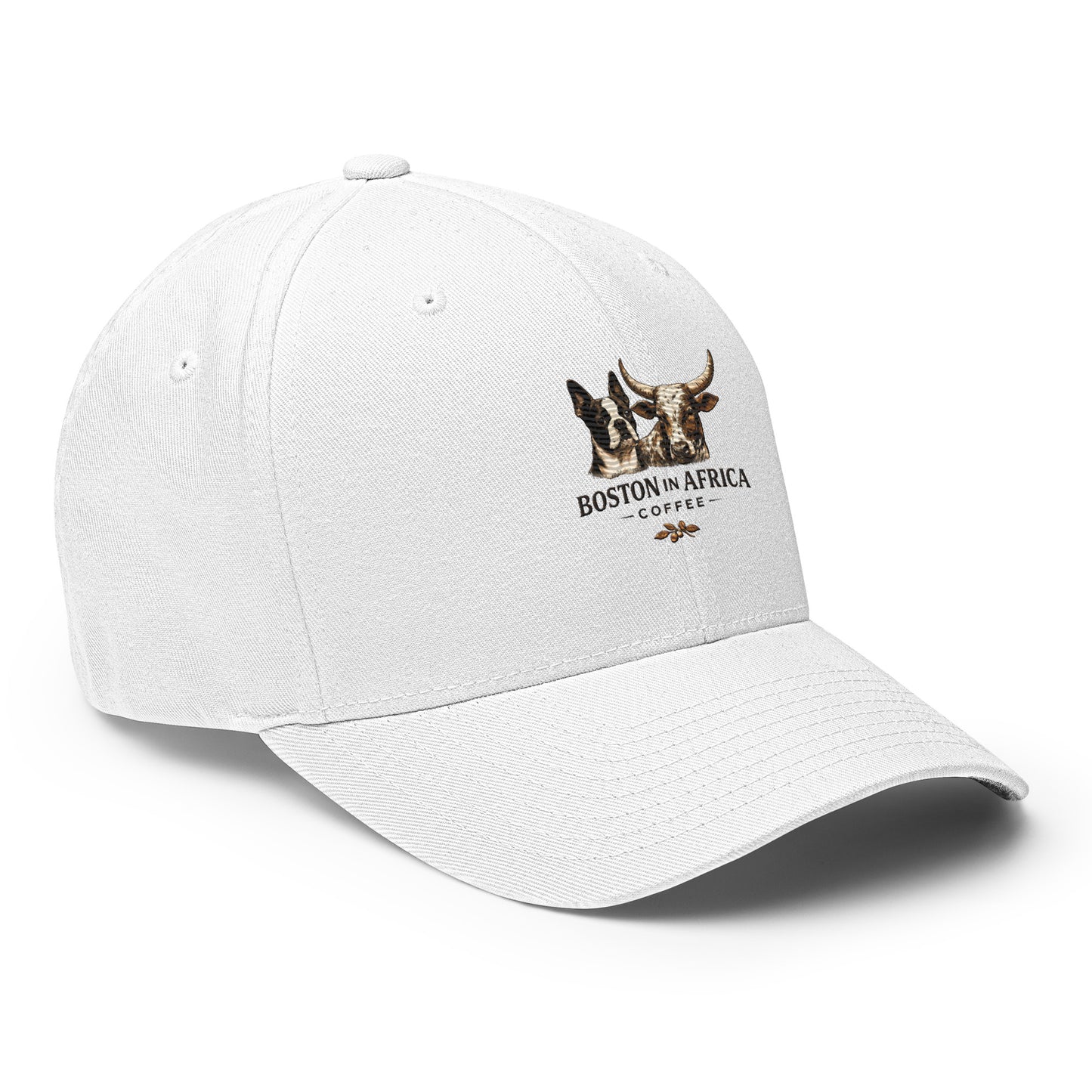 White Boston in Africa Coffee embroidered structured twill cap with a closed-back design, shown from the front right angle.