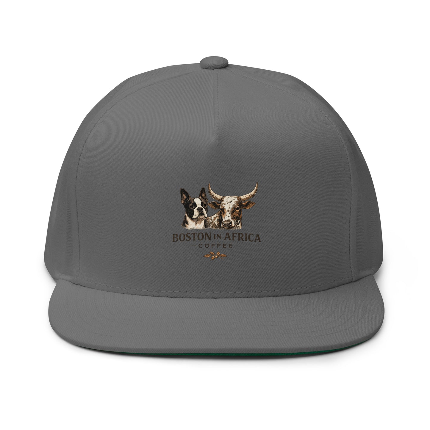 Grey flat bill cap with embroidered design, featuring the Boston in Africa Coffee brand logo on the front.