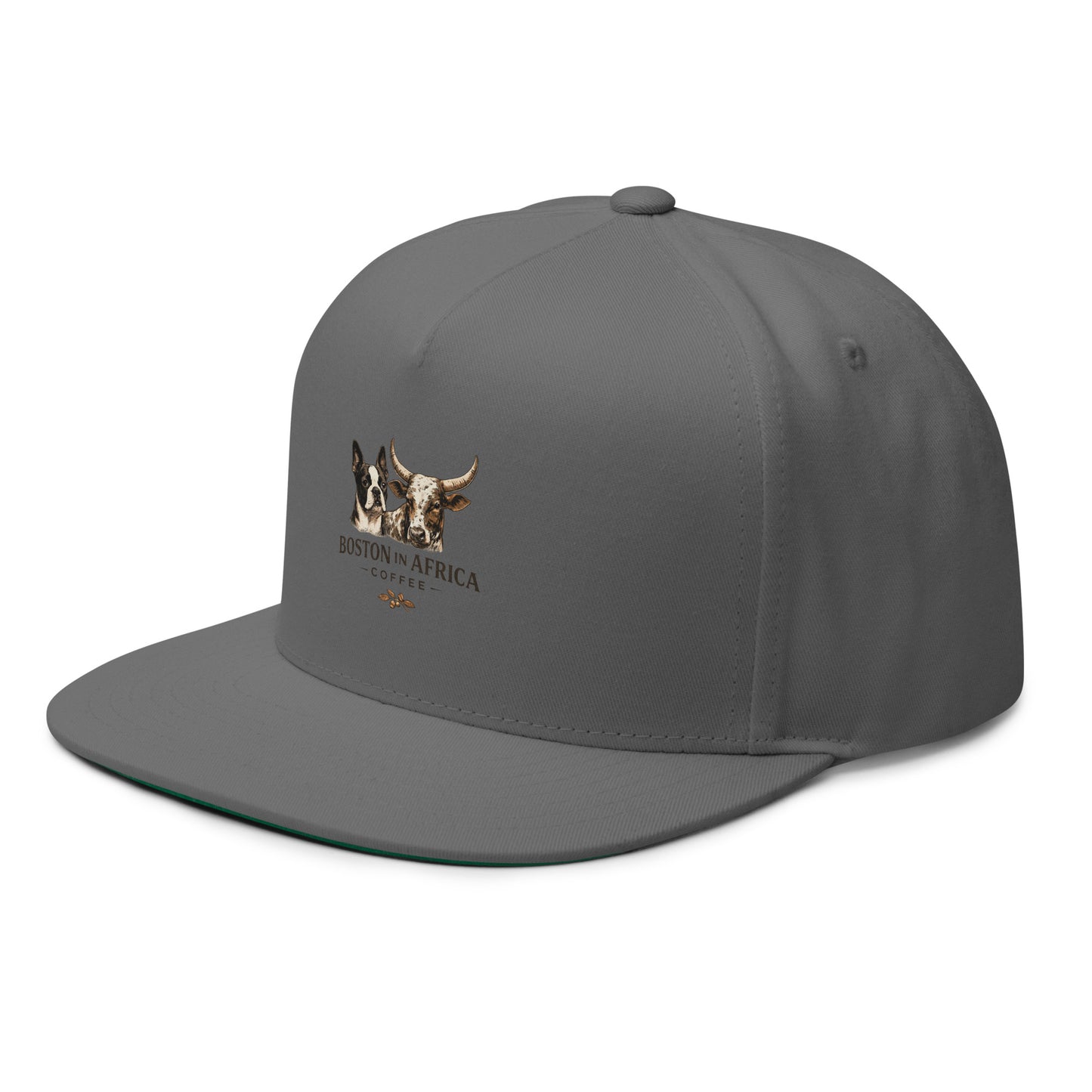 Gray Boston in Africa Coffee embroidered flat bill cap with front embroidery, viewed from the left front angle.