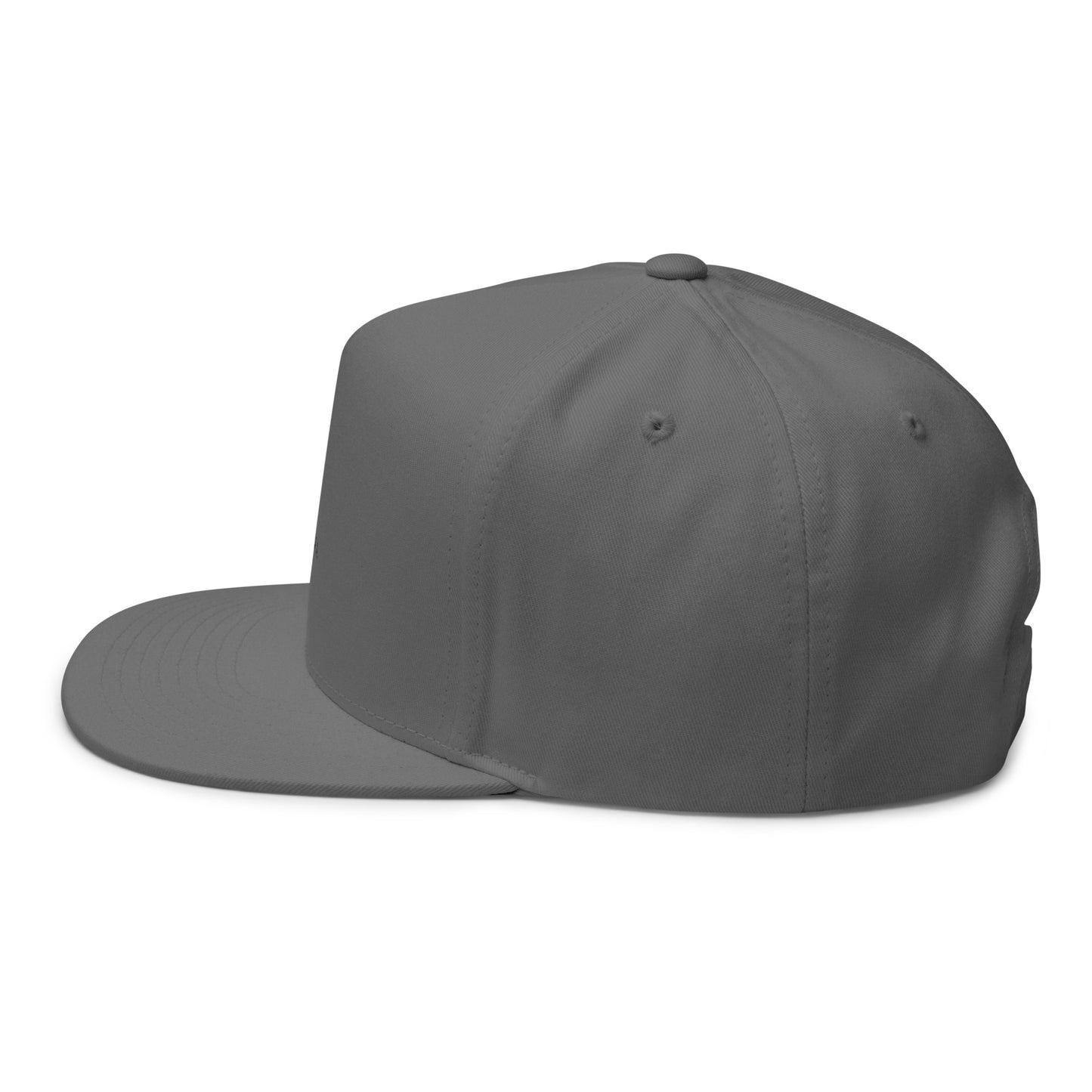 Grey flat bill cap with embroidery detail, featuring a Boston in Africa Coffee brand logo on the front.