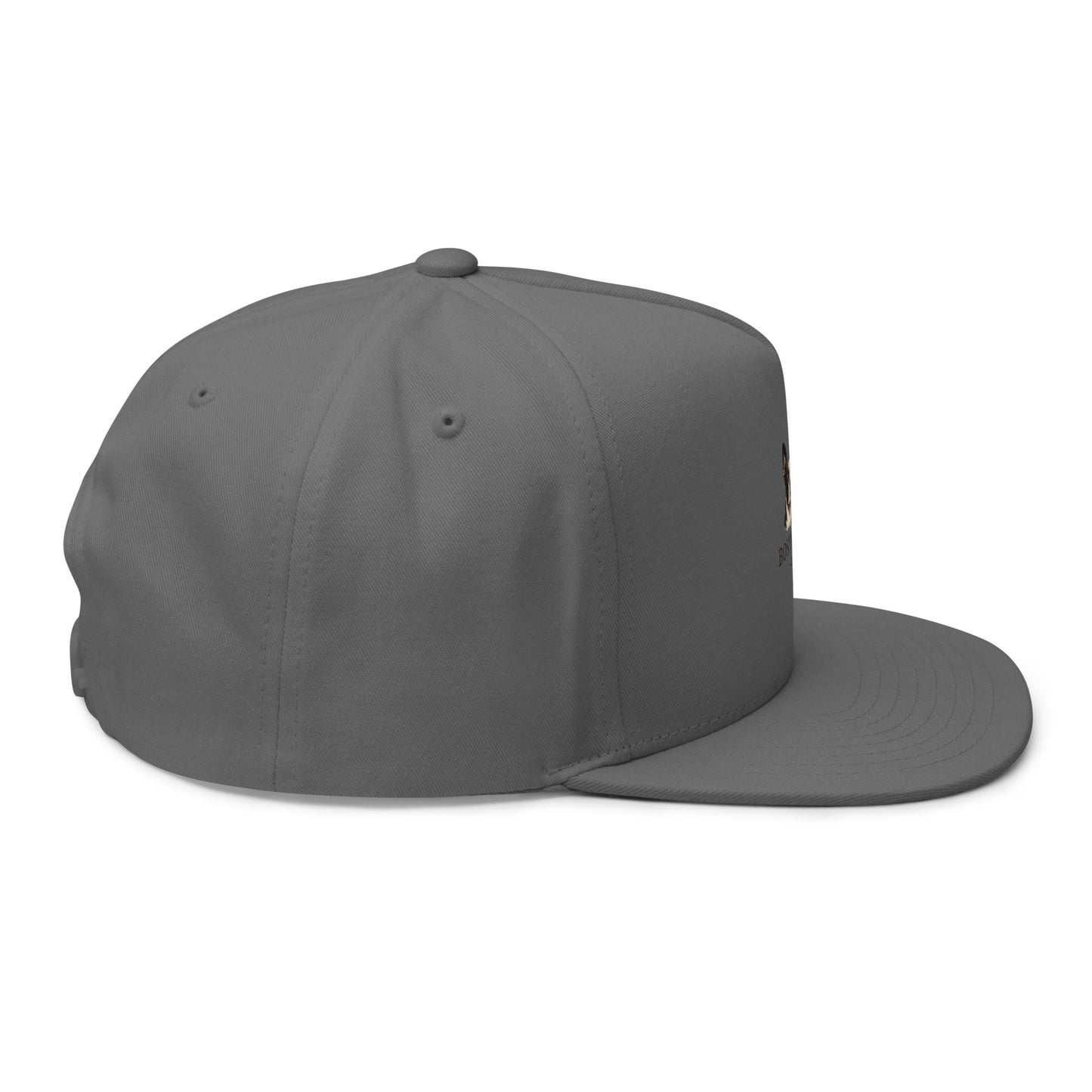 Gray flat bill cap with embroidered Boston in Africa Coffee logo, shown from the right side.