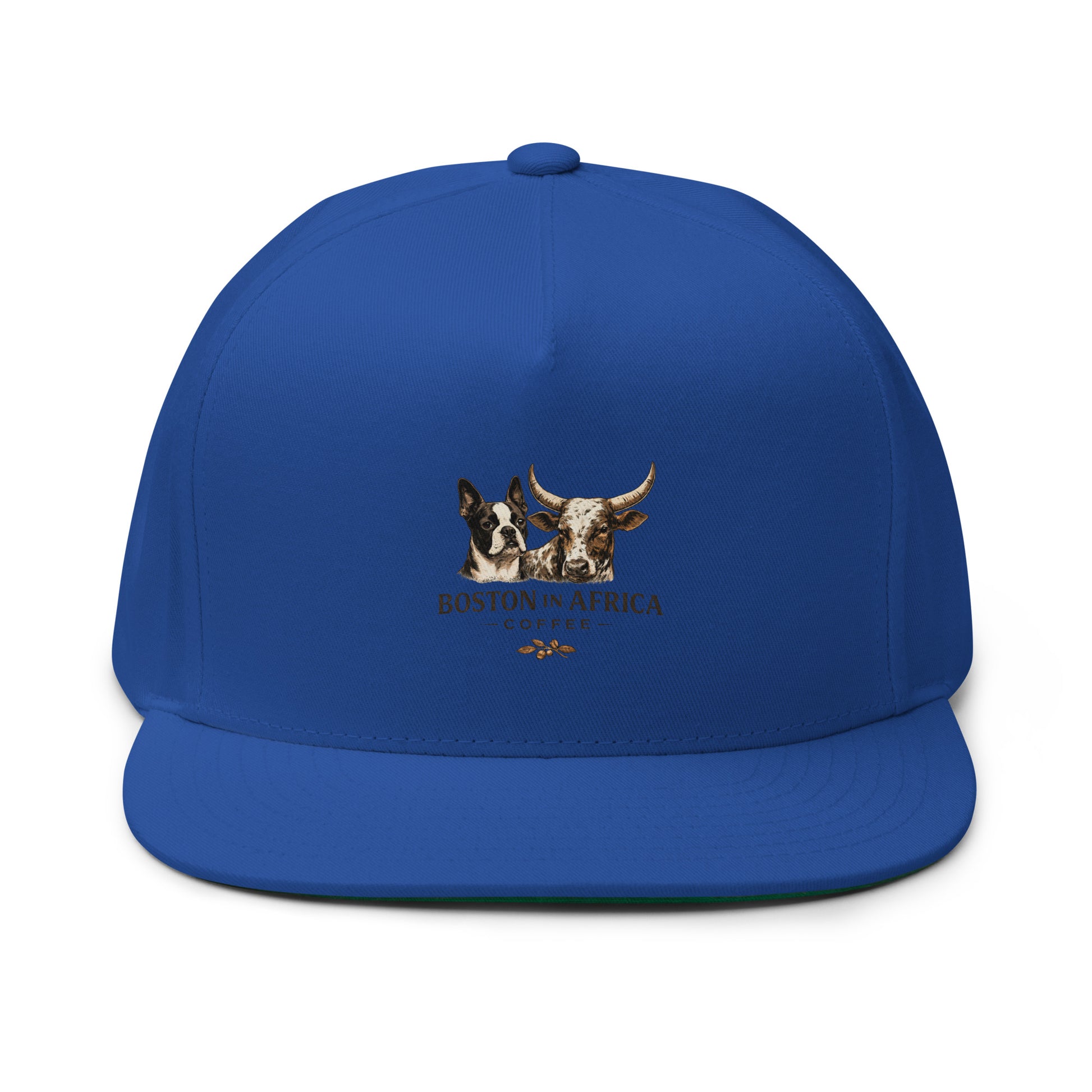 Royal blue flat bill cap with embroidered Boston in Africa Coffee logo on the front, stylish and casual headwear.