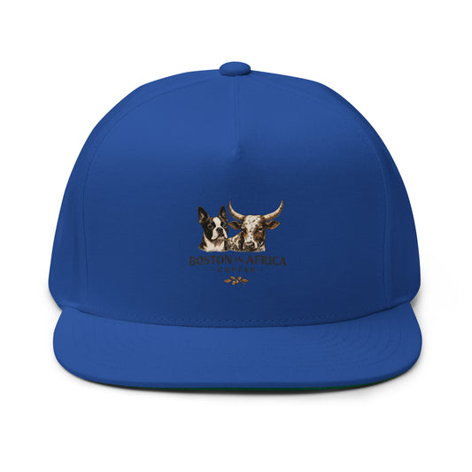 Royal blue flat bill cap with embroidered Boston in Africa Coffee logo on the front, stylish and casual headwear.