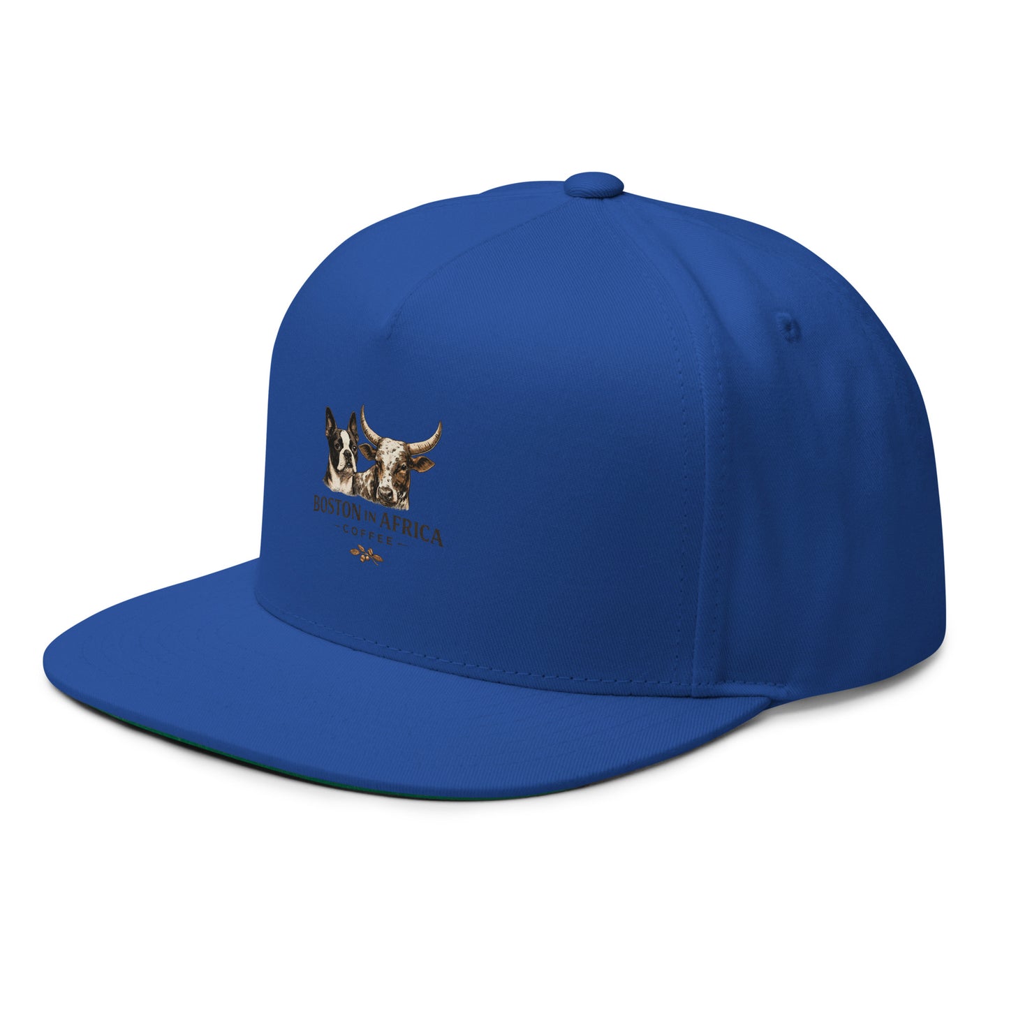 Royal blue Boston in Africa Coffee embroidered flat bill cap, front view showing detailed embroidery and classic style.