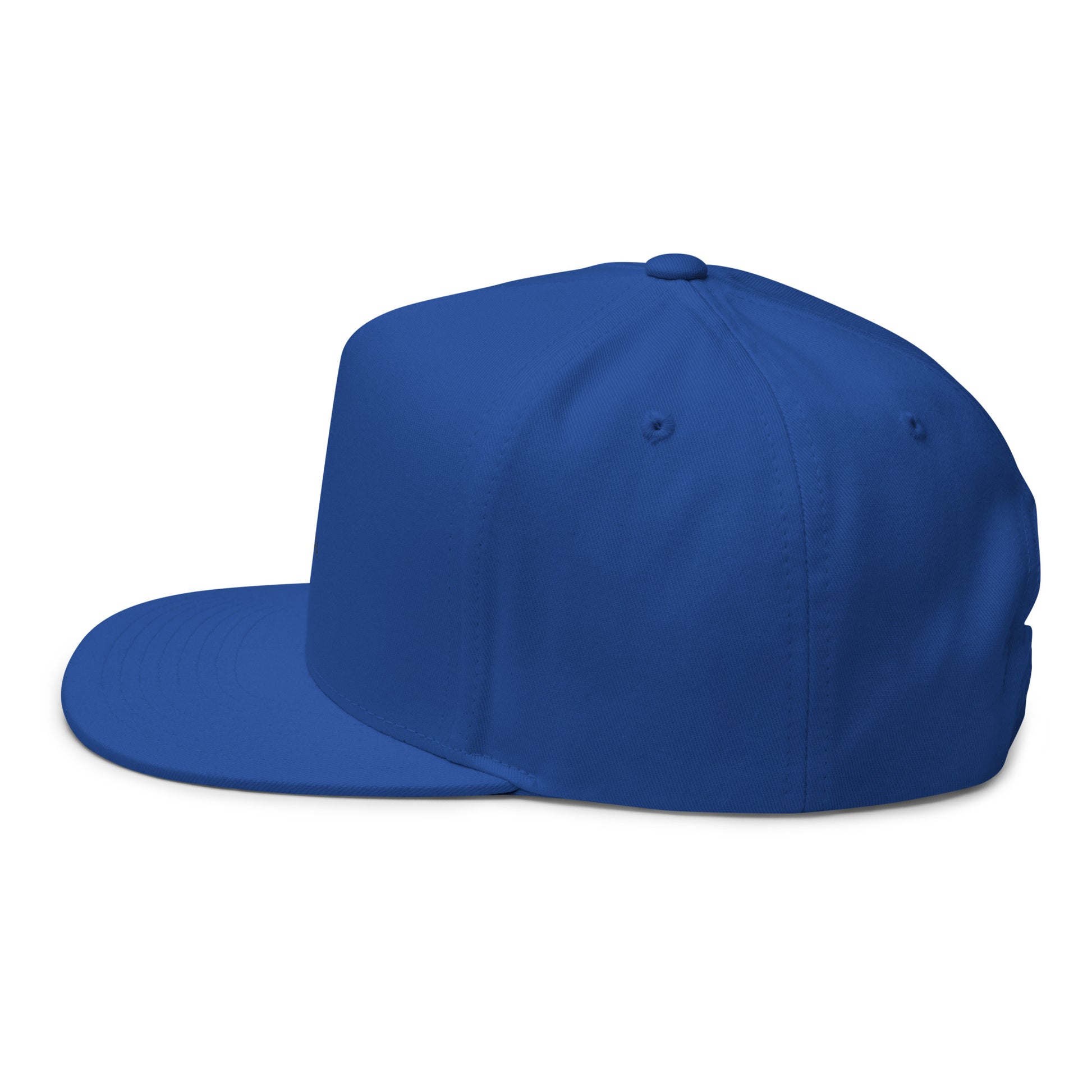 Royal blue flat bill cap with embroidered Boston in Africa Coffee logo, shown from the left side.