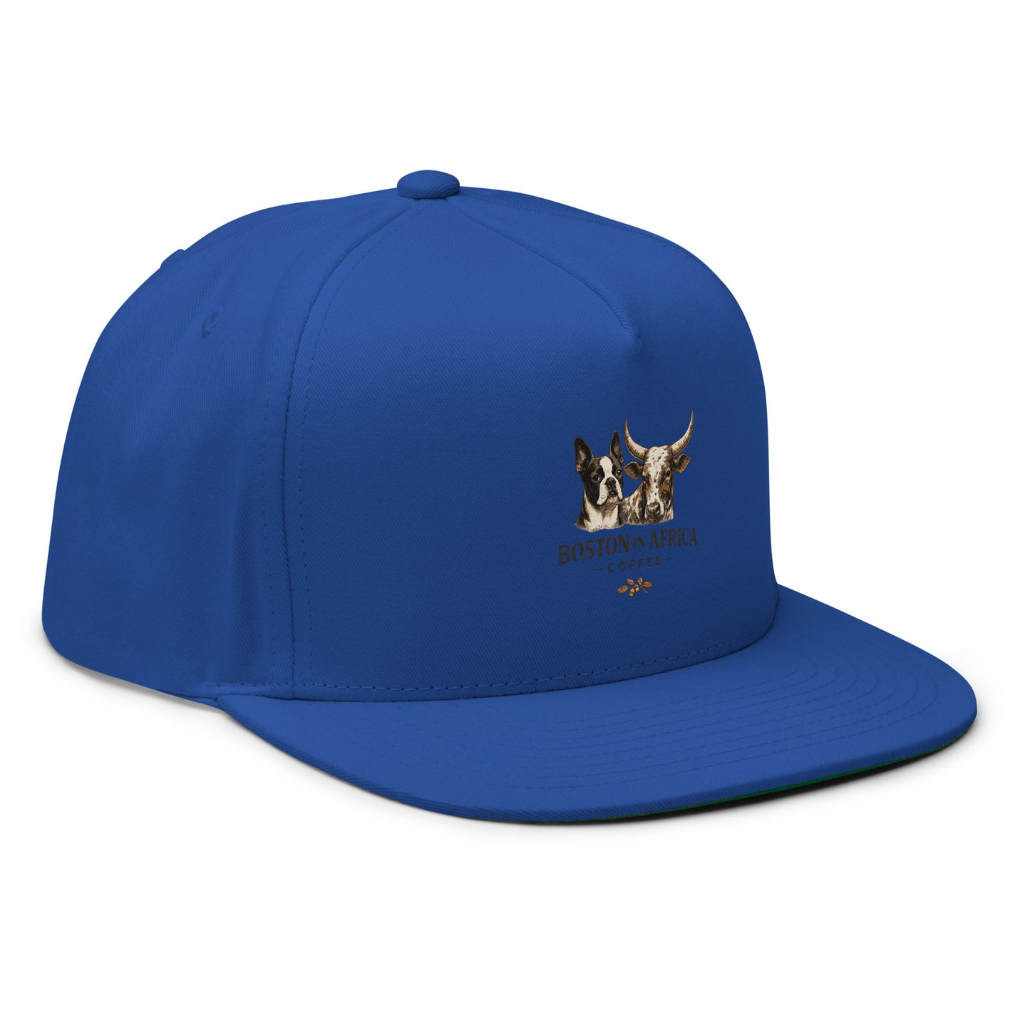 Royal blue flat bill cap with embroidered Boston in Africa Coffee logo, shown from the right front view.