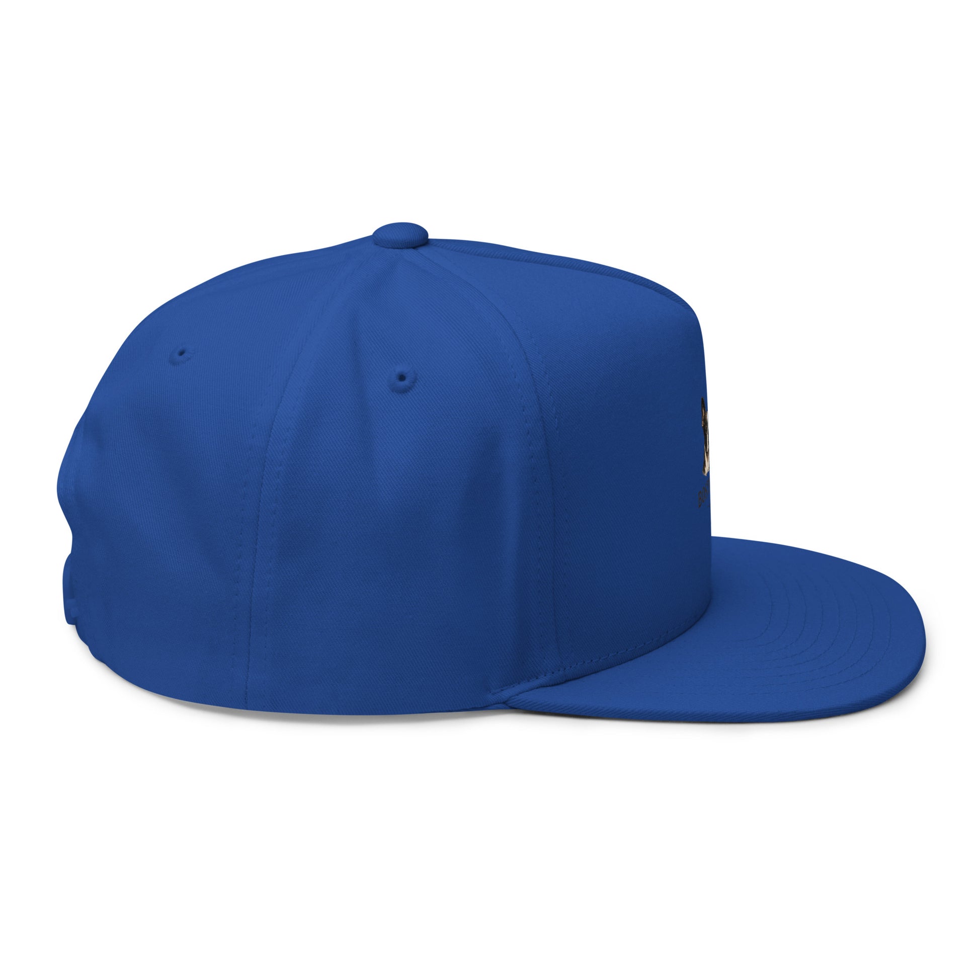 Royal blue flat bill cap with embroidered Boston in Africa Coffee logo, showing right side view.
