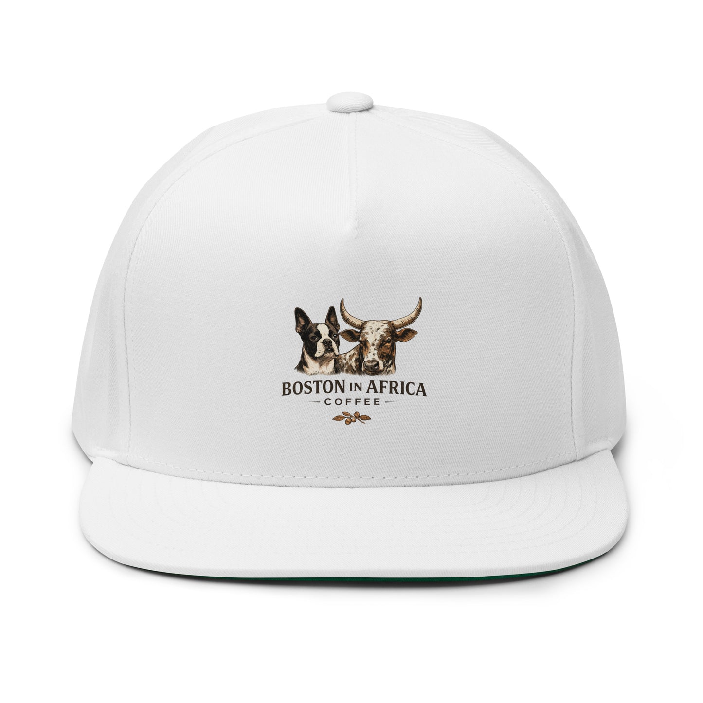 White flat bill cap with embroidered Boston in Africa Coffee logo on the front, casual accessory for everyday wear.