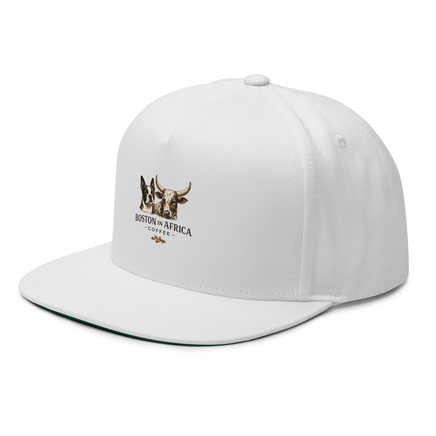 White flat bill cap with embroidered Boston in Africa Coffee logo, front view, adjustable strap, casual streetwear style