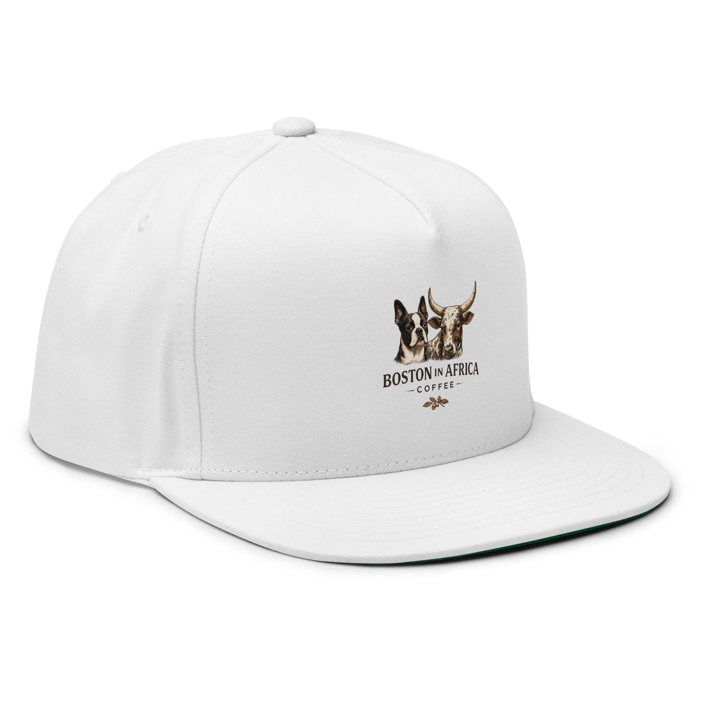 White flat bill cap with embroidered Boston in Africa Coffee logo, viewed from right front angle.