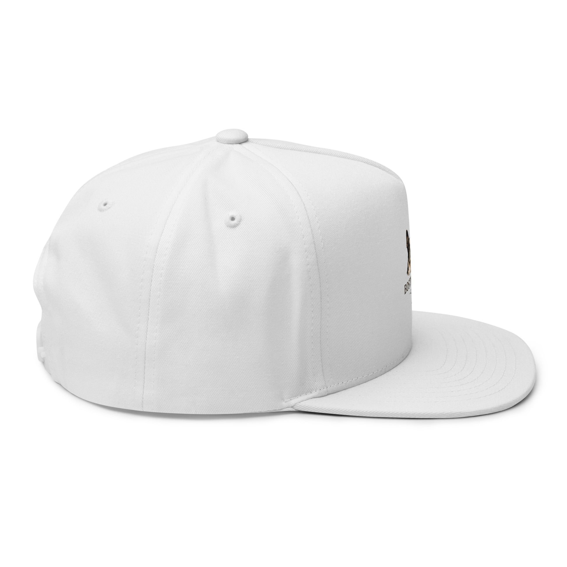 White flat bill cap with embroidered Boston in Africa Coffee logo, shown from the right side.