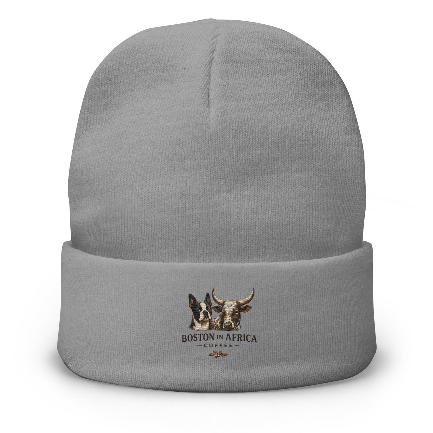 Gray embroidered beanie by Boston in Africa Coffee featuring detailed embroidery and a cozy knit texture.