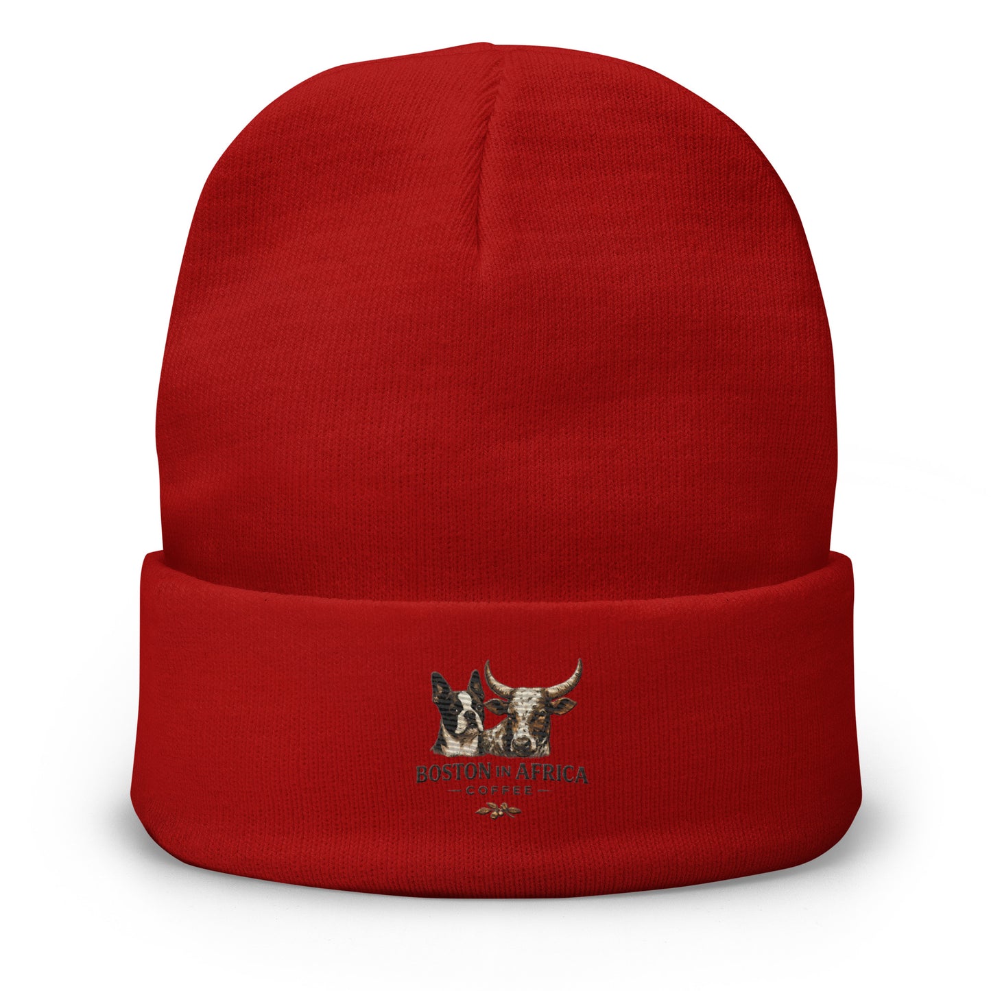 Red embroidered knit beanie by Boston in Africa Coffee featuring detailed embroidery on the front.