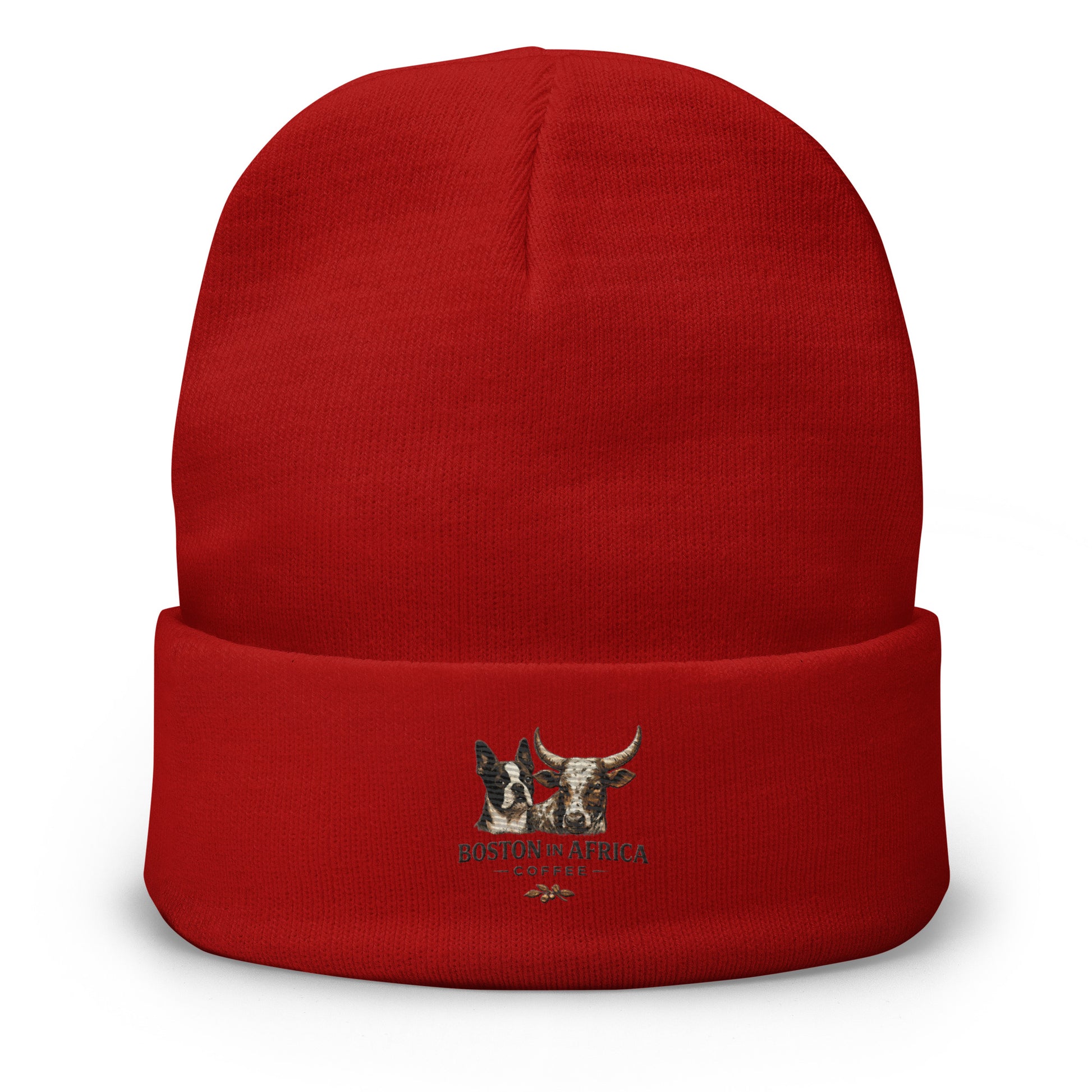 Red embroidered knit beanie by Boston in Africa Coffee featuring detailed embroidery on the front.