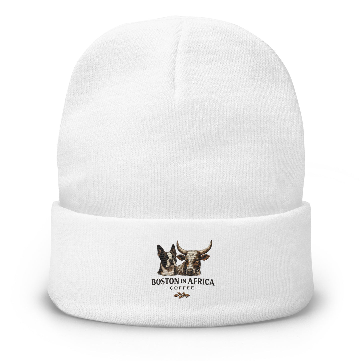White embroidered beanie by Boston in Africa Coffee featuring detailed embroidery on soft knit fabric.