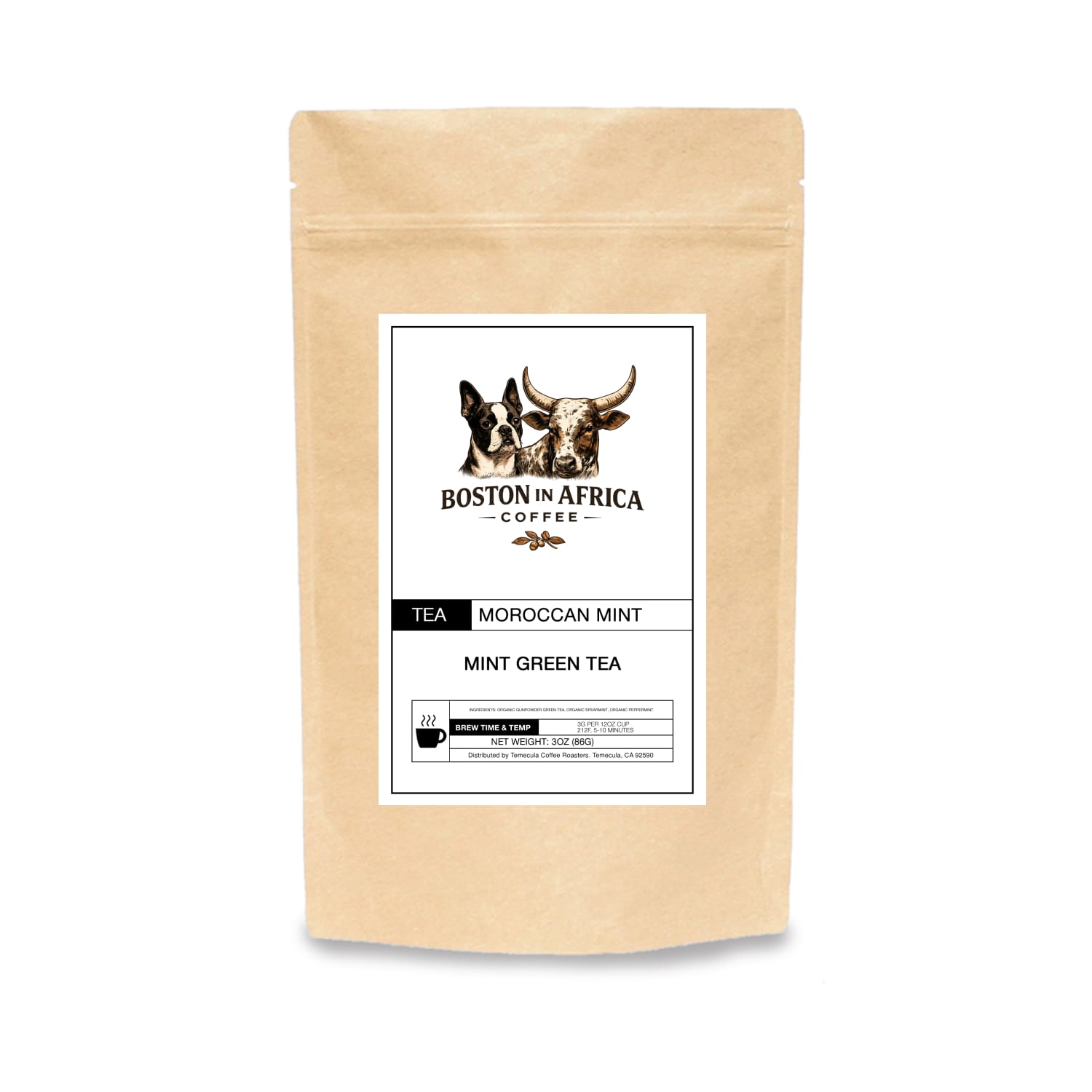 Boston in Africa Coffee Moroccan Mint tea in a kraft paper package, showcasing fresh mint leaves and tea branding.