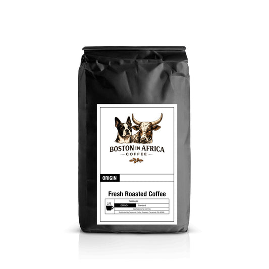 Coffee bag label featuring Boston in Africa Coffee Guatemala coffee with branding and detailed product information visible.