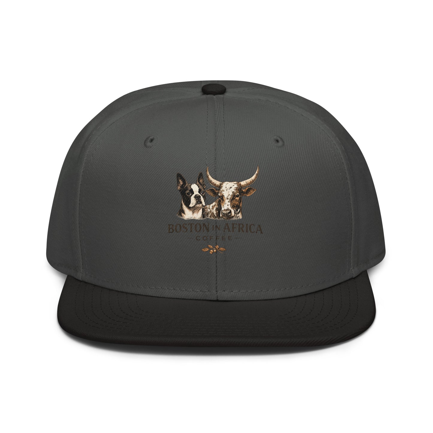 Black and charcoal gray embroidered snapback hat by Boston in Africa Coffee, shown from the front.