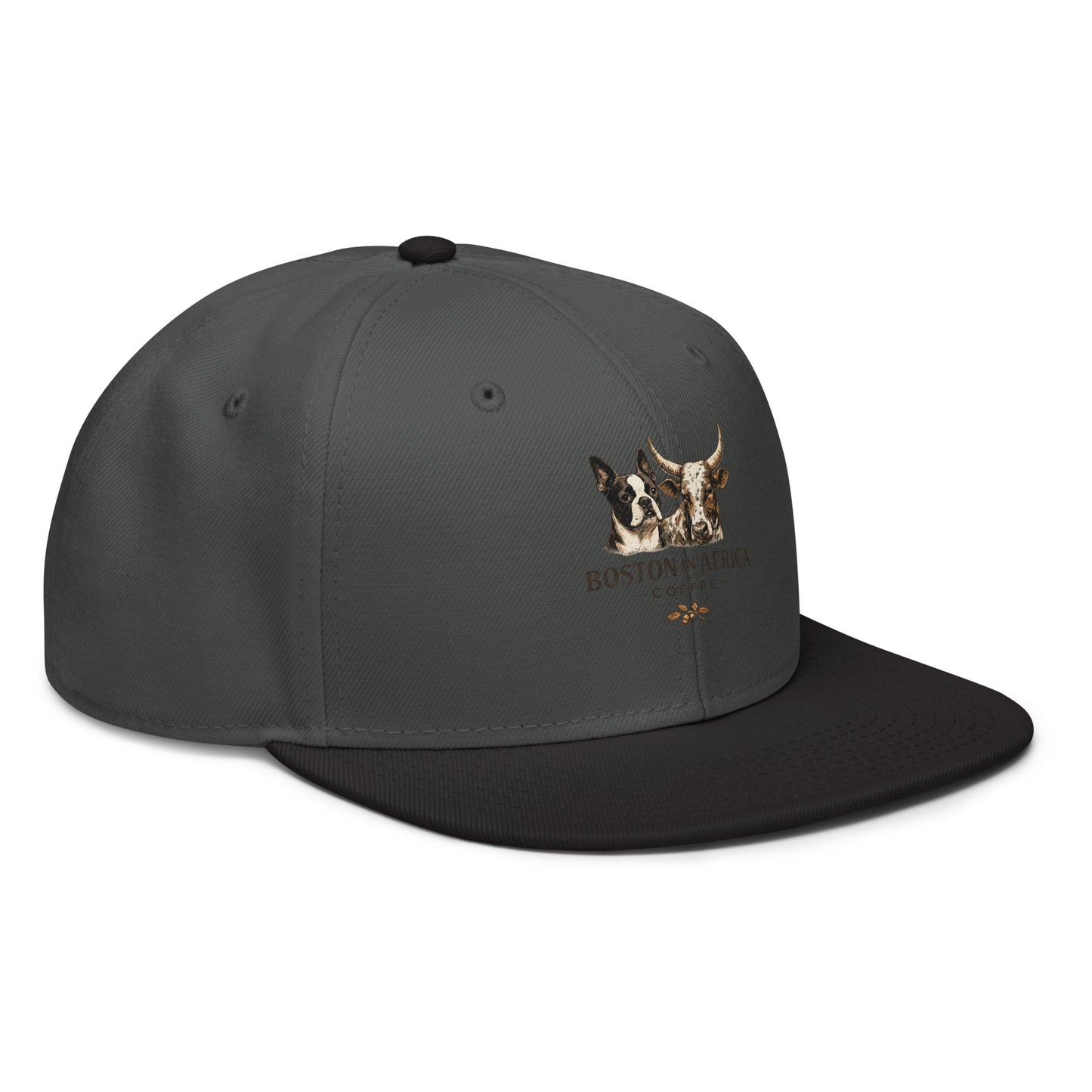 Black and charcoal gray Boston in Africa Coffee snapback hat with embroidered design, shown from the right front angle.
